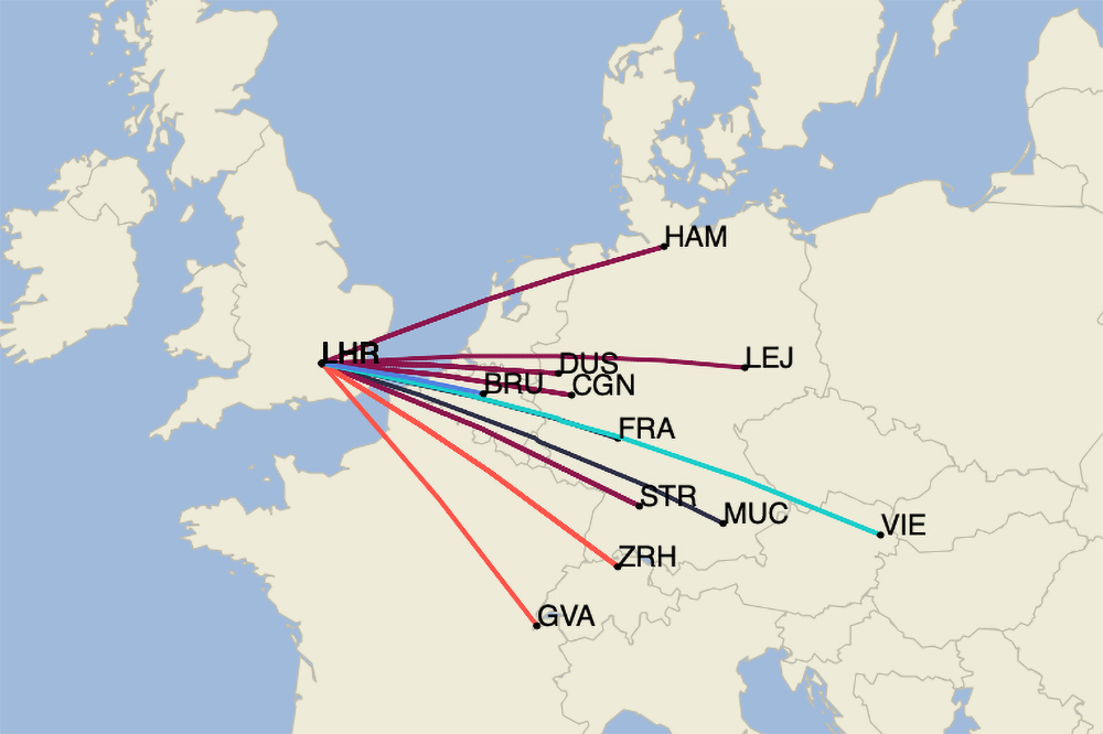 A map shows the routes operated by Lufthansa Group airlines to and from Heathrow in May 2022.