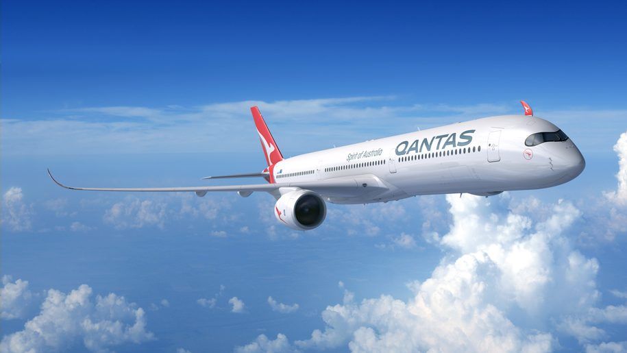 Een illustratie van een Qantas A350-1000 die in de lucht vliegt.