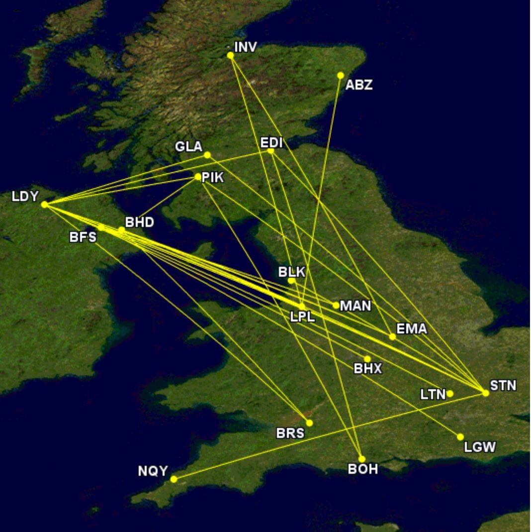 Ryanair's domestic UK flight routes