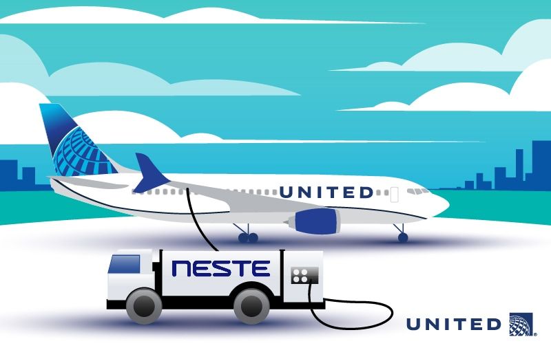 Rendering of United Airlines plane with Neste truck fueling