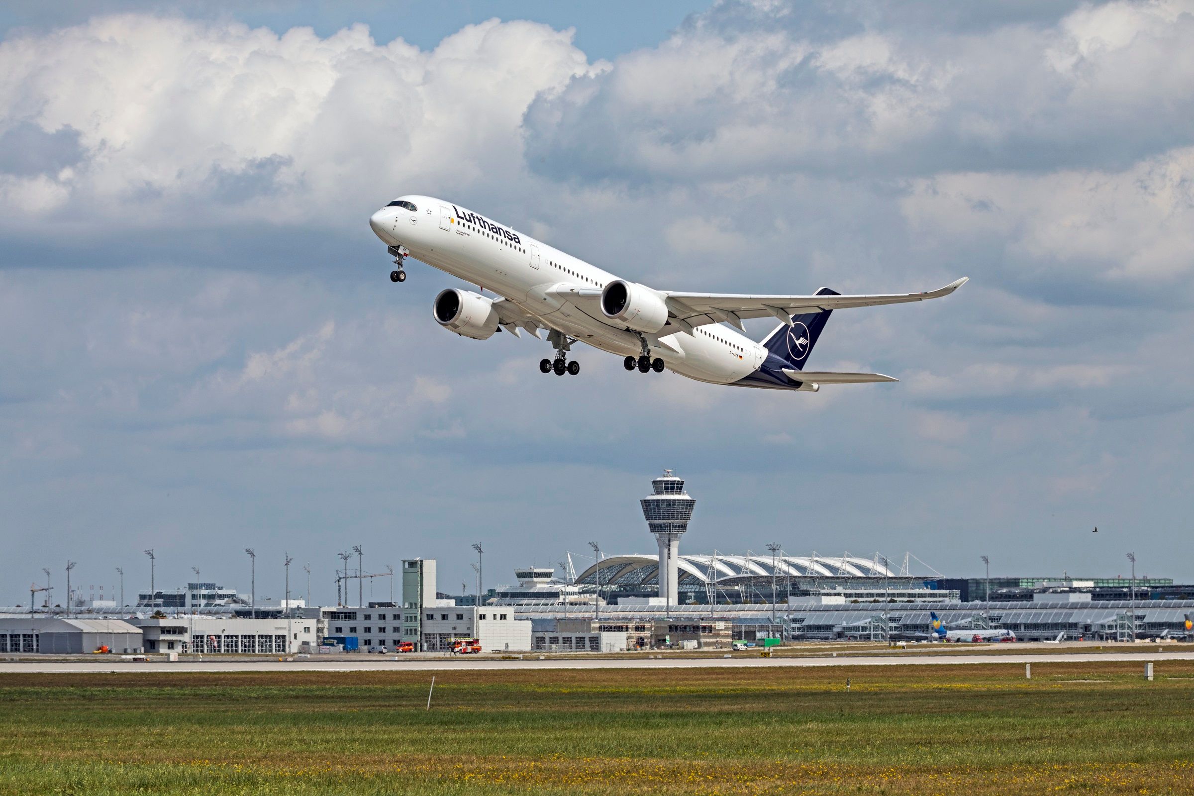 A Lufthansa Airbus A350 Taking off from Munich Airport.