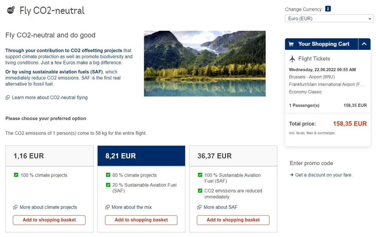 Brussels Airlines screen shot 'carbon neutral' flying options