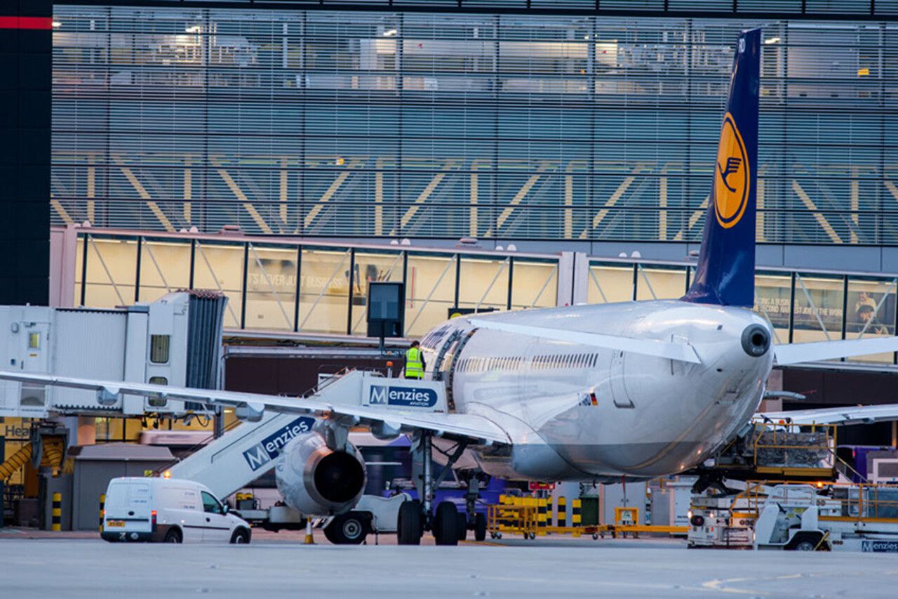 A Lufthansa Airbus A320 family aircraft is pictured at the gate at Heathrow Airport.