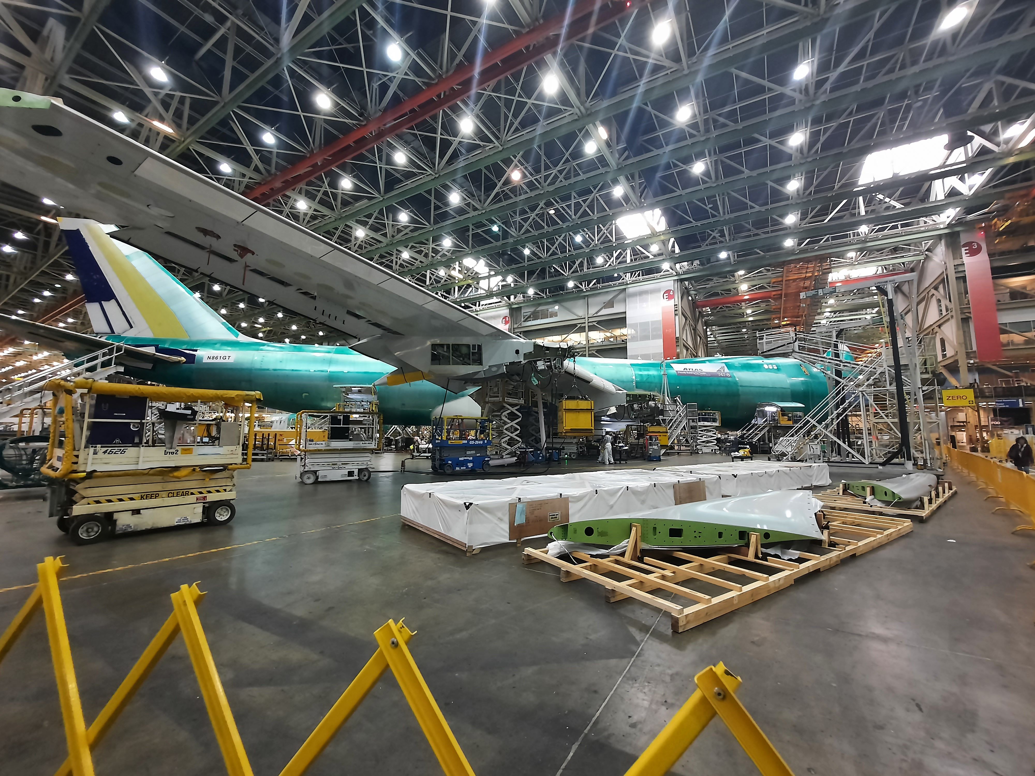 An aircraft being built inside the Boeing Factory.
