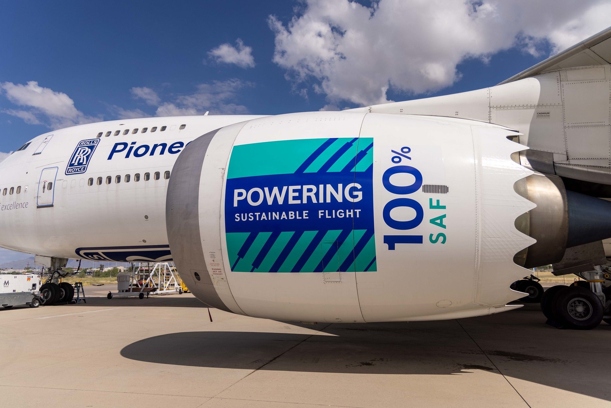 Rolls-Royce engine on 747 with sticker "powered by 100% SAF"