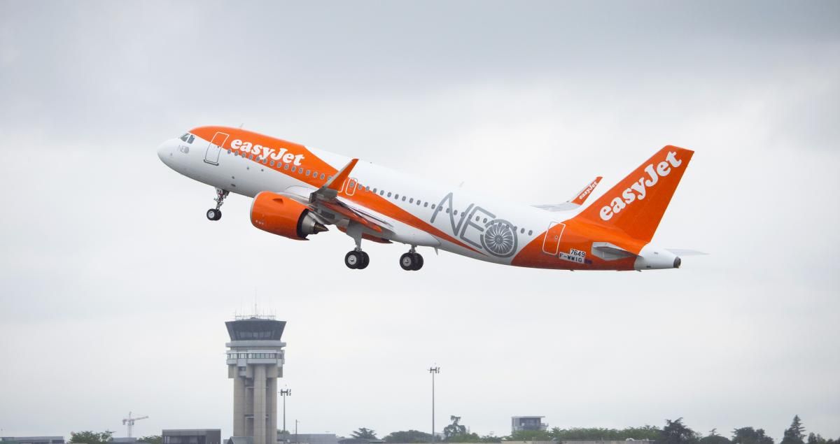 easyJet A320neo taking off against grey skies
