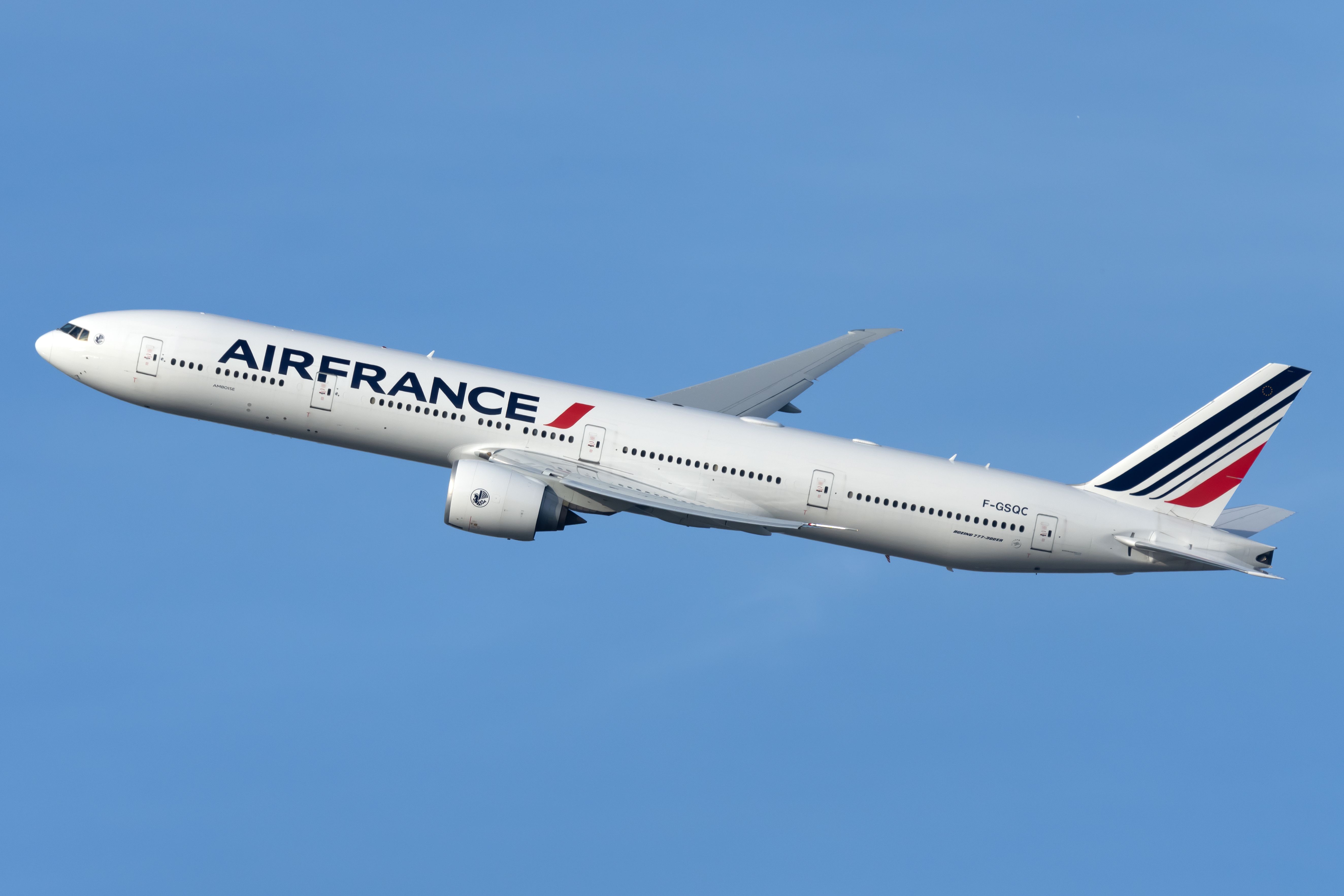 An Air France Boeing 777-300 flying near New York's JFK International Airport. 