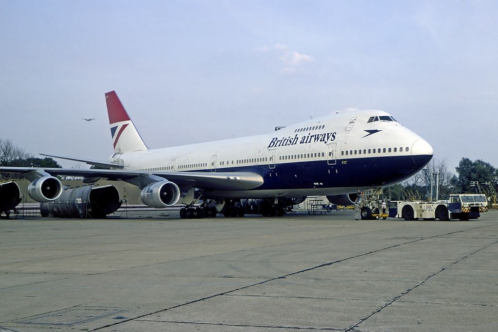 A British Airways Boeing 747-236B on an airport apron.