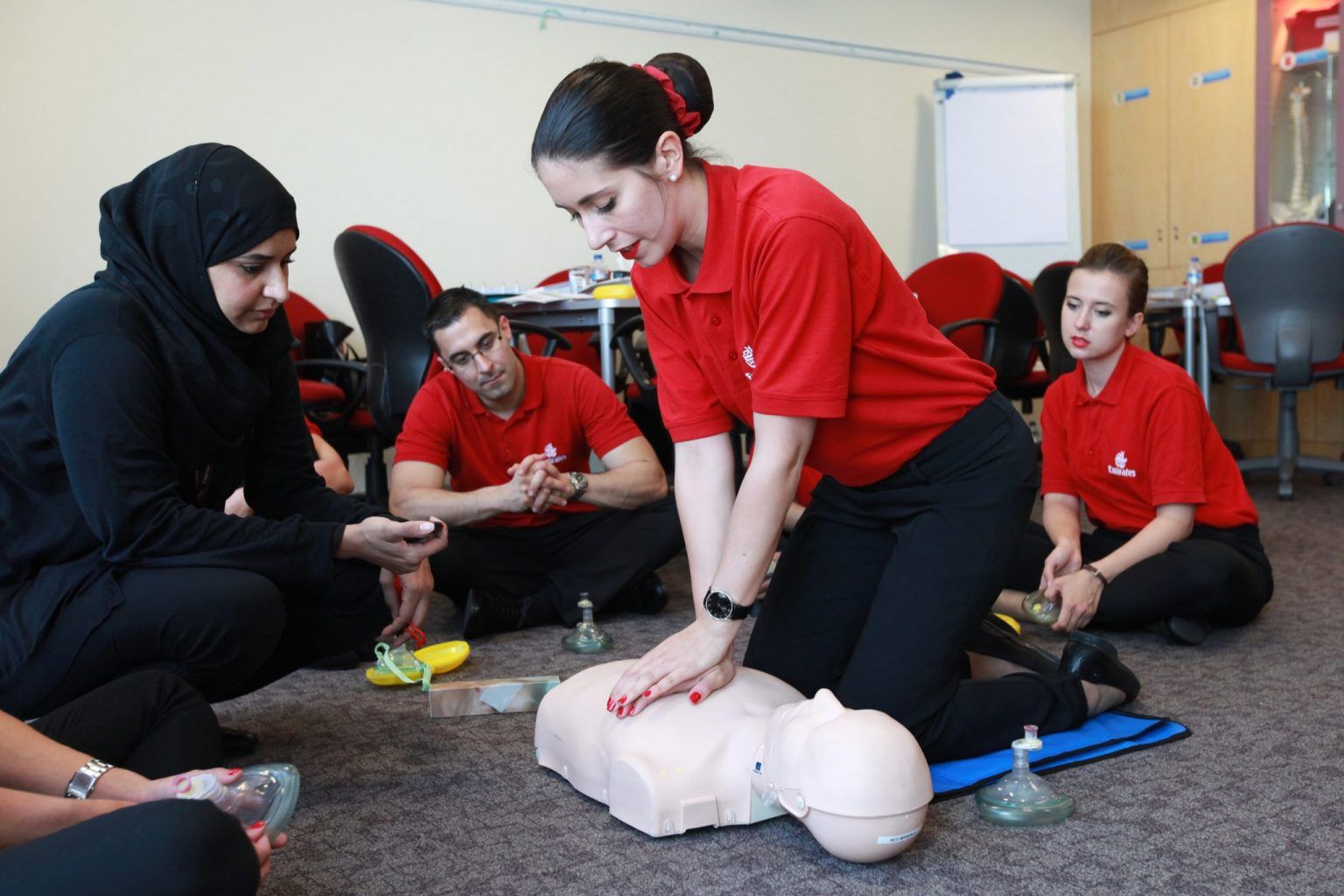 Emirates' cabin crew undergo extensive medical and safety training at the Dubai center