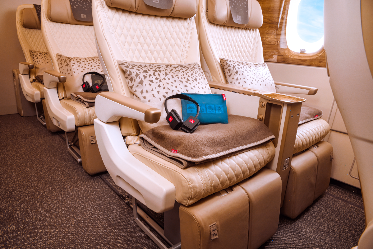 Inside Emirates Premium Economy cabin.