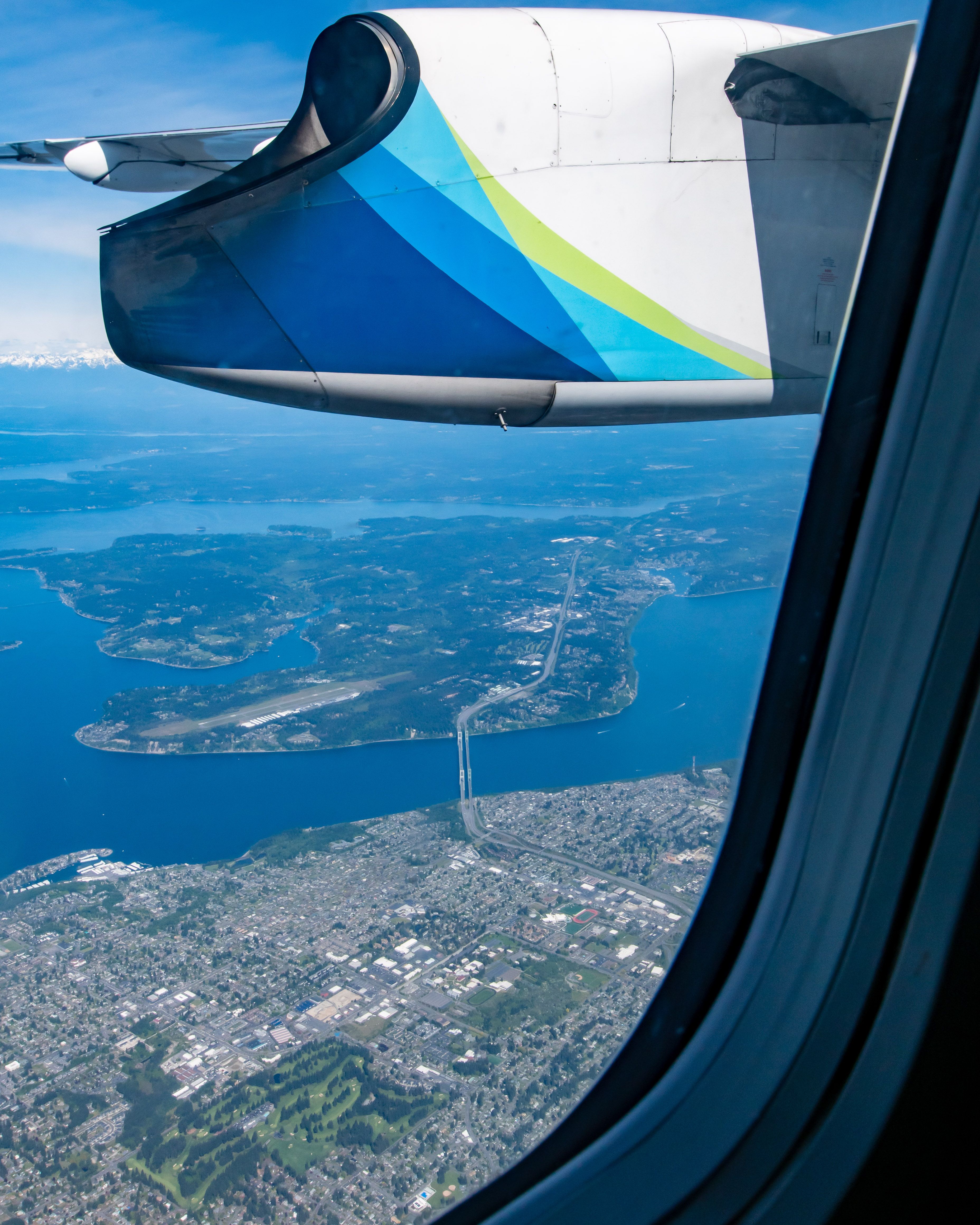 Tacoma and Tacoma Narrows From 10612.5 Feet - Complete With Dash 8-400 engine & wing in the frame