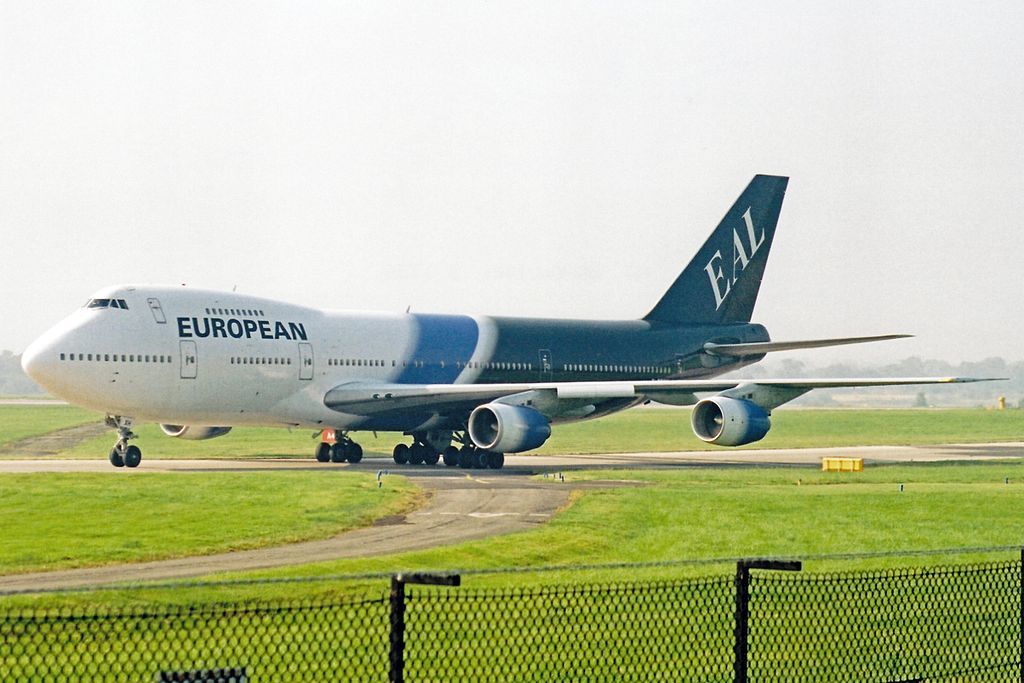 A European Air Charter Boeing 747-200 on an airport apron.