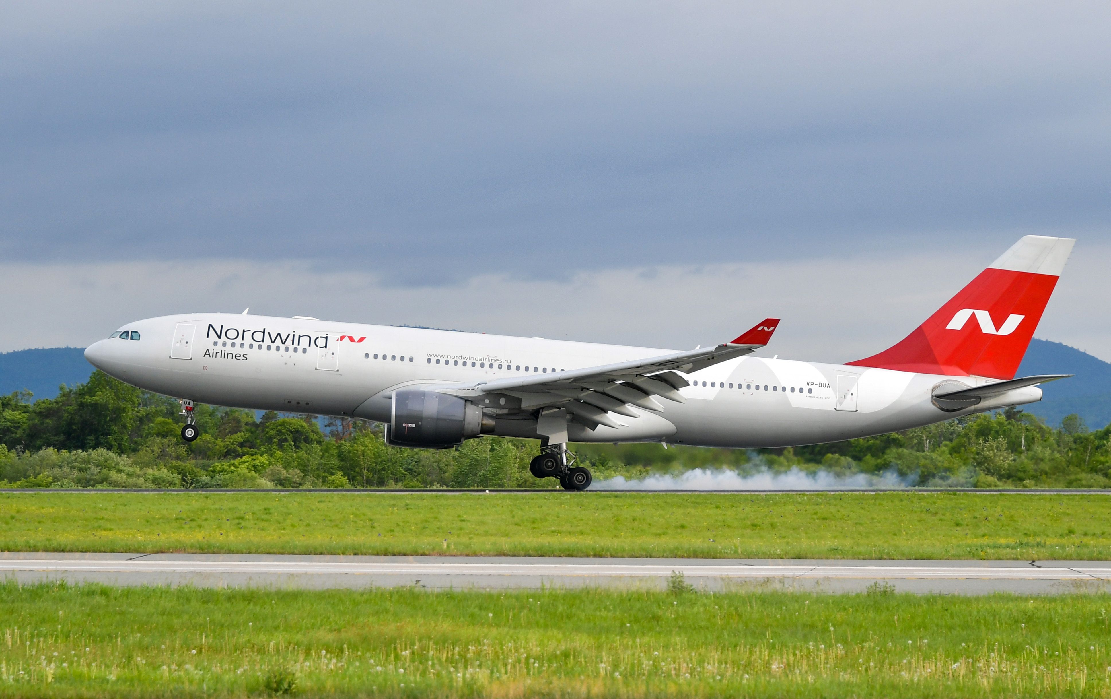 A Nordwind Airlines aircraft landing. 