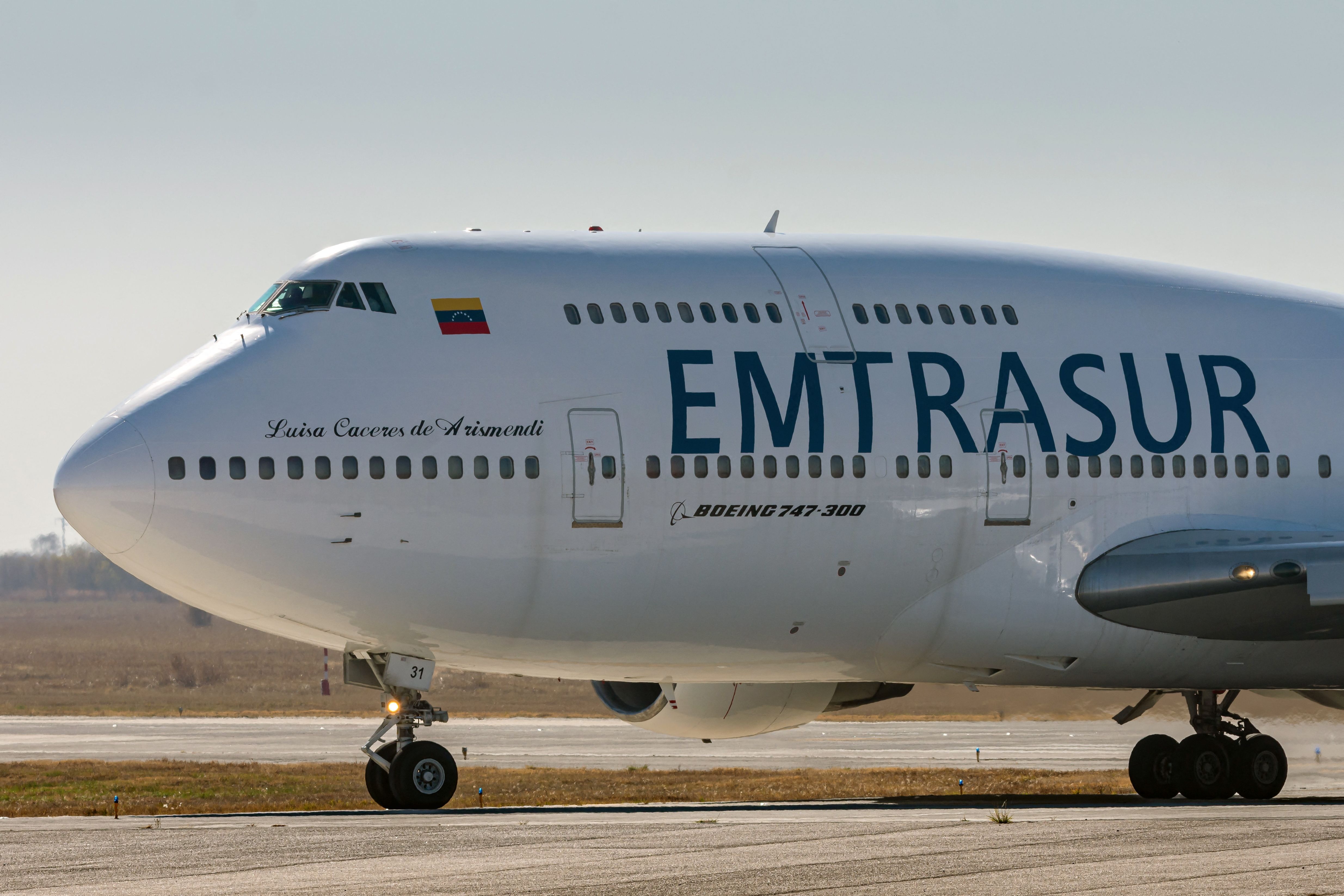 View of the Boeing 747-300 registrered number YV3531 of Venezuelan Emtrasur cargo airline at the international airport in Cordoba, Argentina