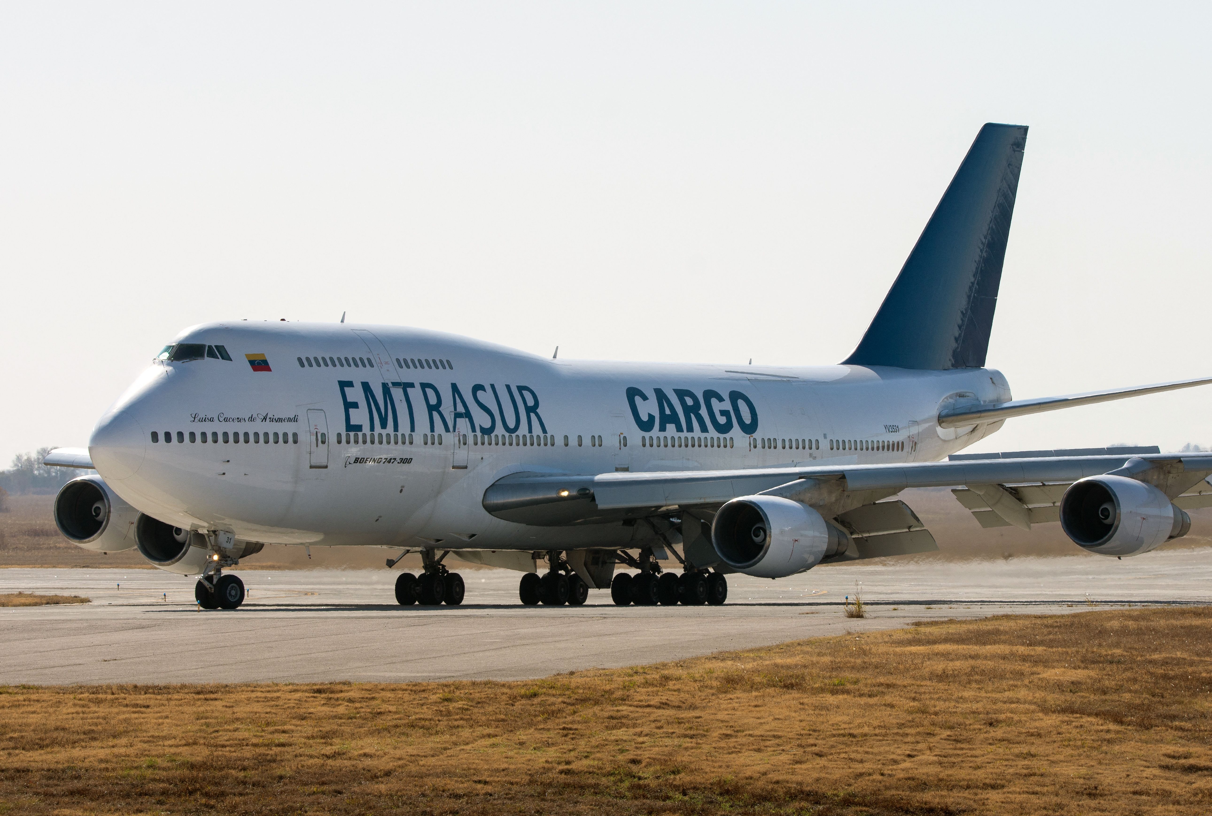 View of the Boeing 747-300 registrered number YV3531 of Venezuelan Emtrasur cargo airline at the international airport in Cordoba, Argentina