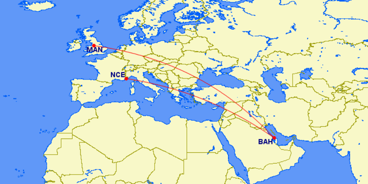 A map showing routes from Bahrain to Nice and Manchester.