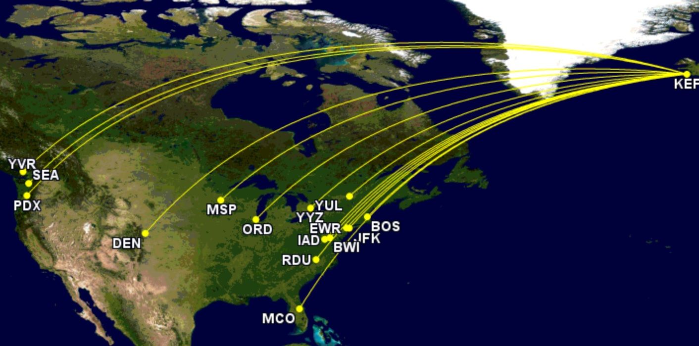Icelandair's summer 2022 transatlantic network.