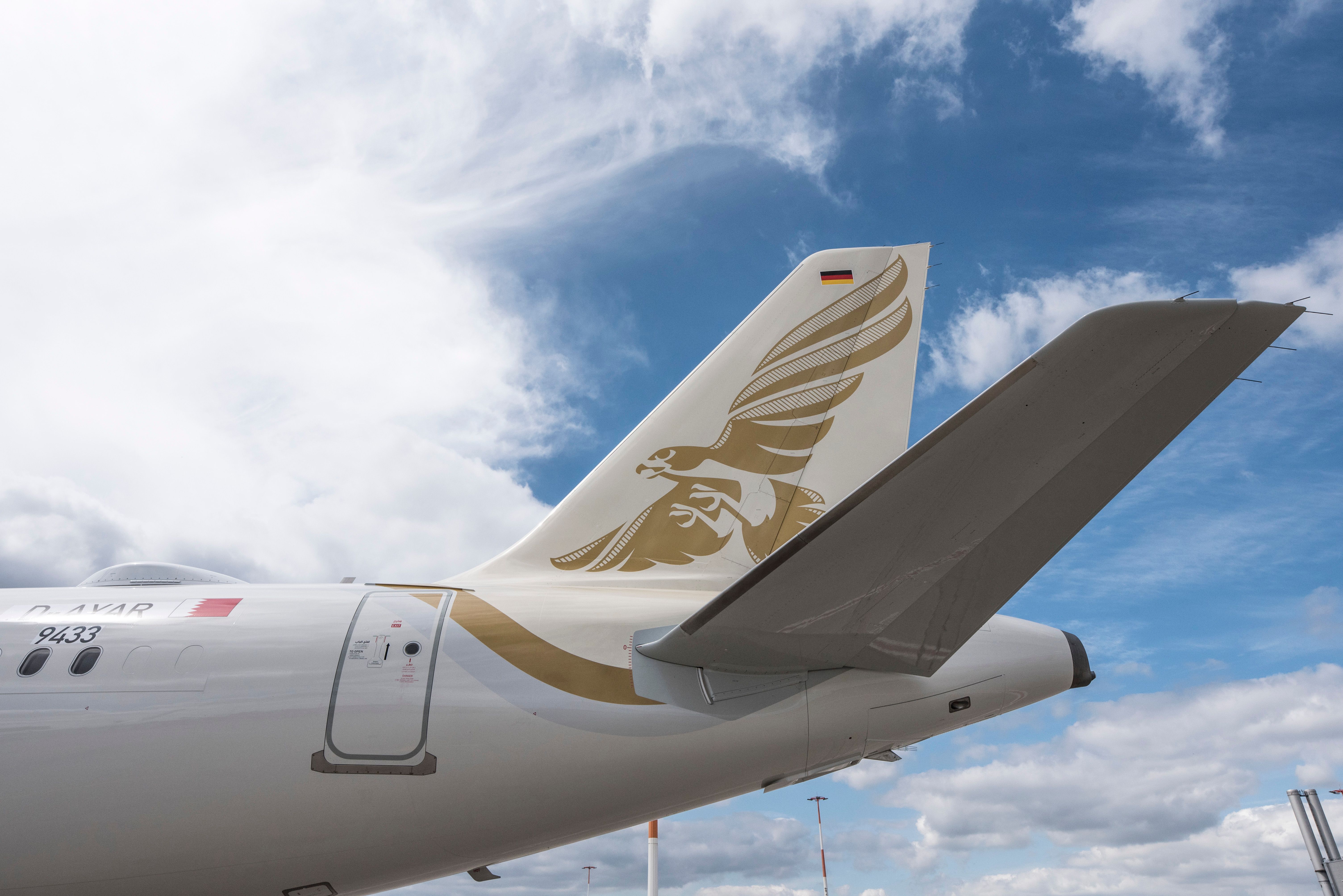  A321neo Gulf Air tail against blue sky