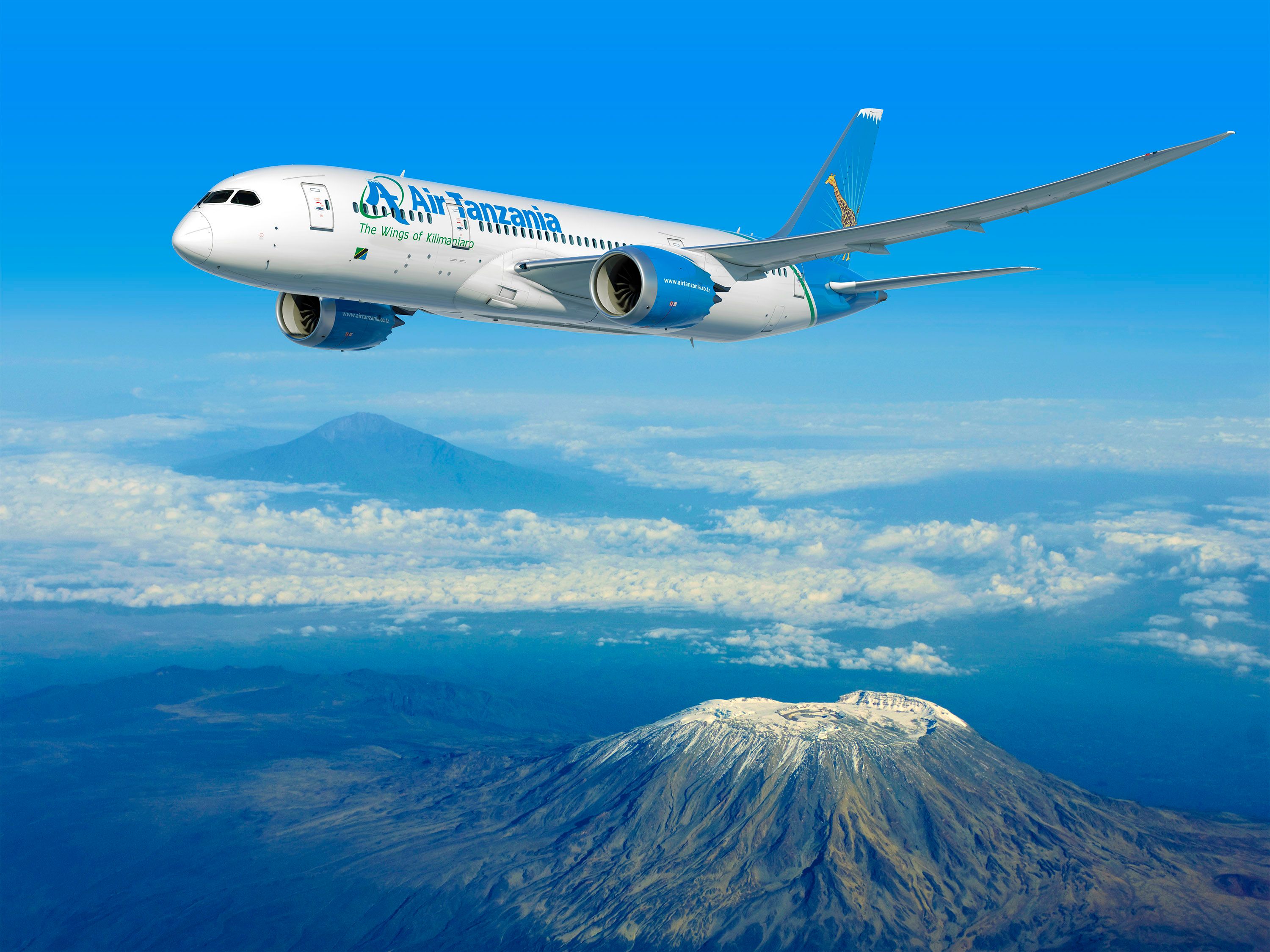 An Air Tanzania Boeing 787 flying over Kilimanjaro.