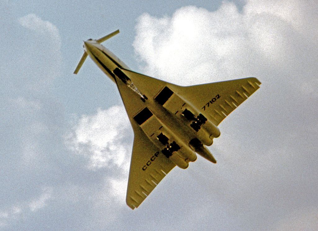 A Tupolev Tu-144 flying in the sky.