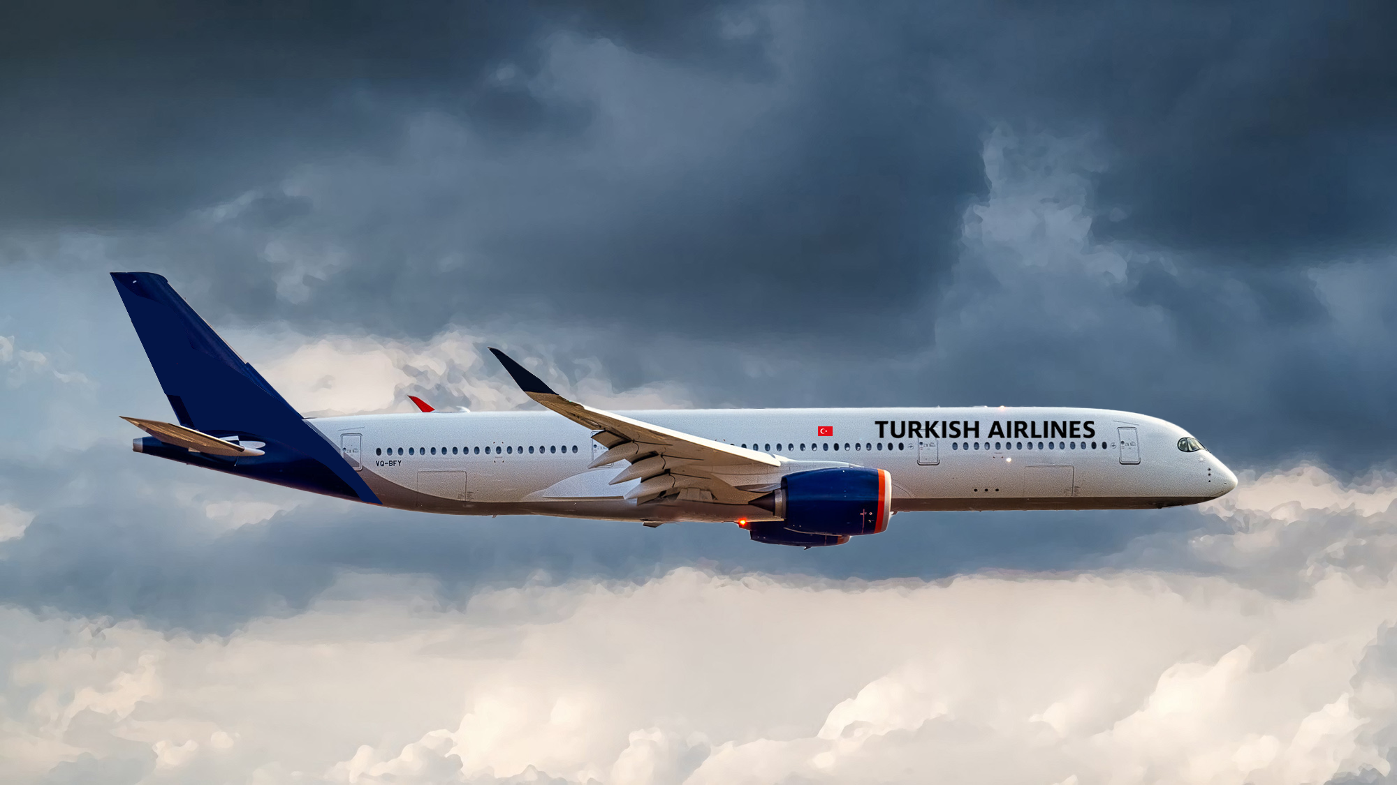 An Ex-Aeroflot Airbus A350-900, now Turkish Airlines, flying in the clouds.