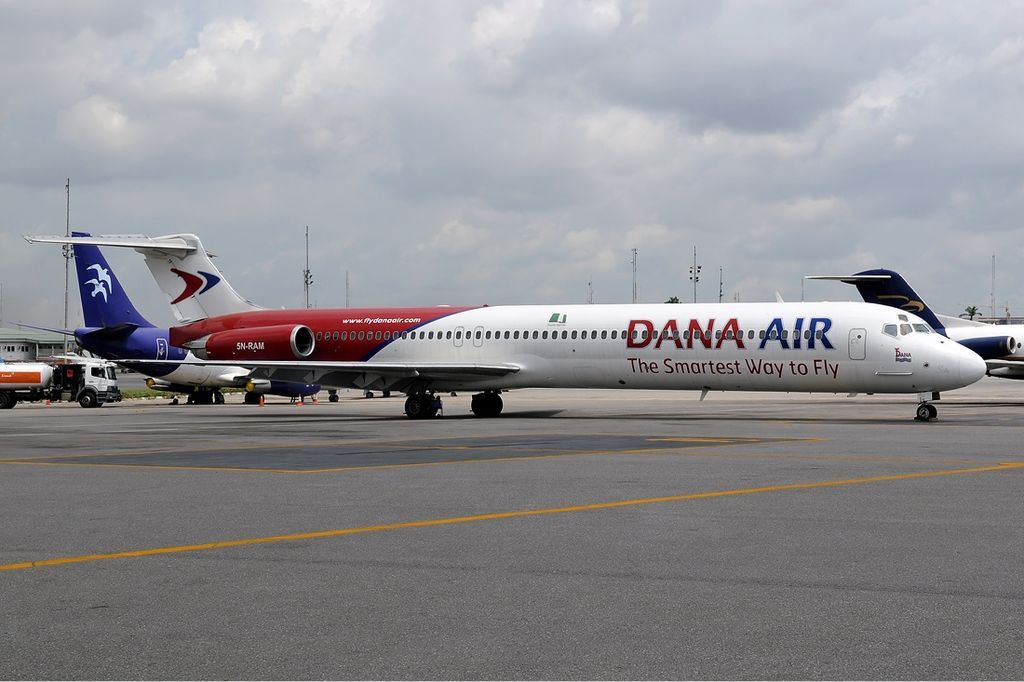 Dana Air McDonnell MD-83 parked at Lagos airport.