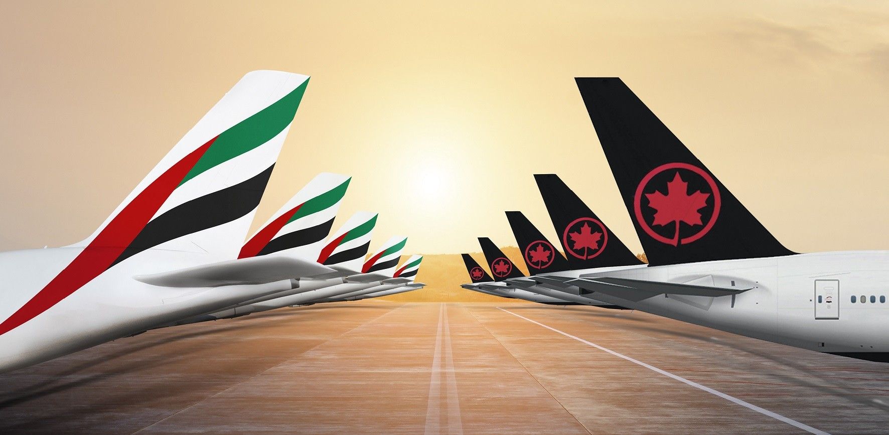 Rendering of tails of Emirates and Air Canada planes