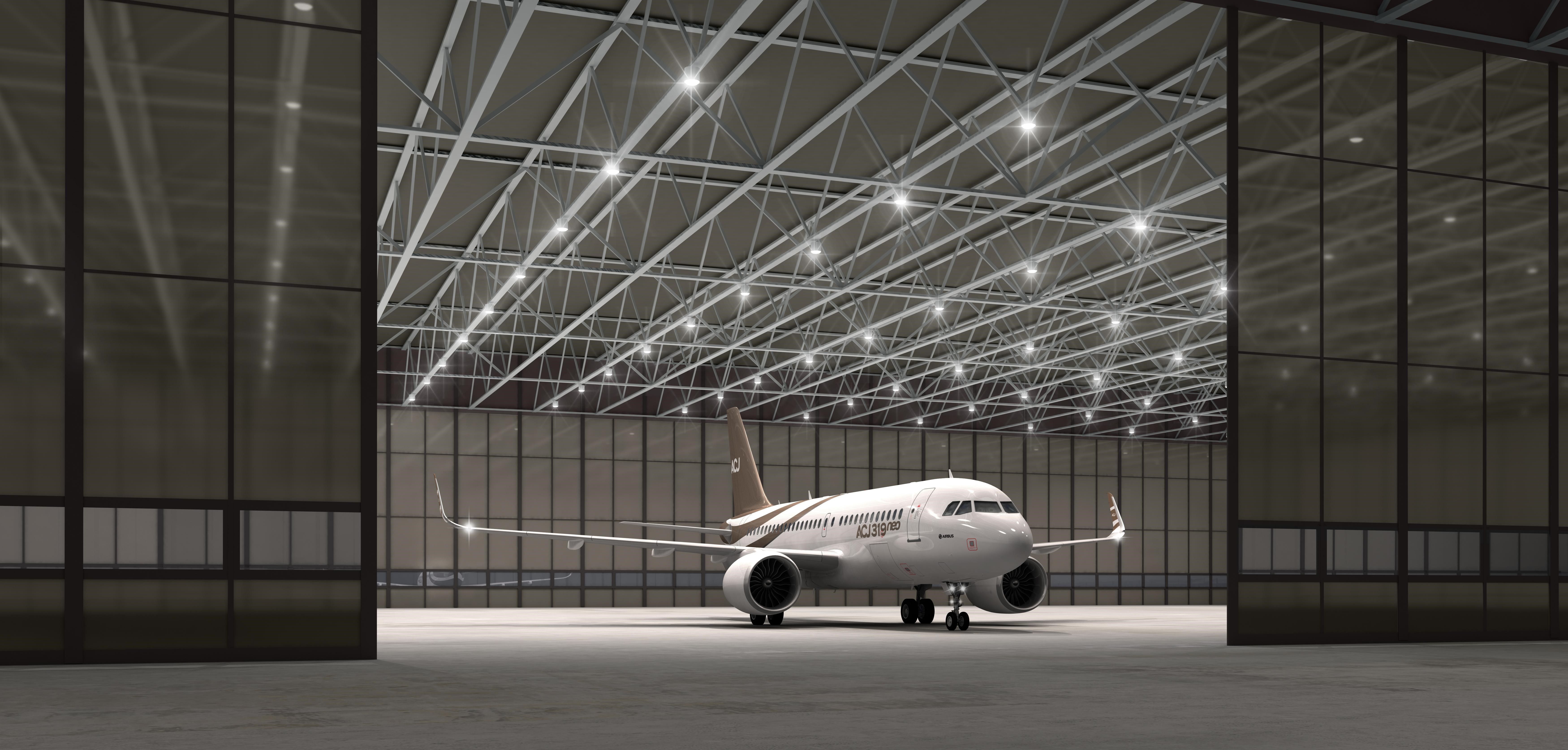 The ACJ319neo in a hangar at Toulouse