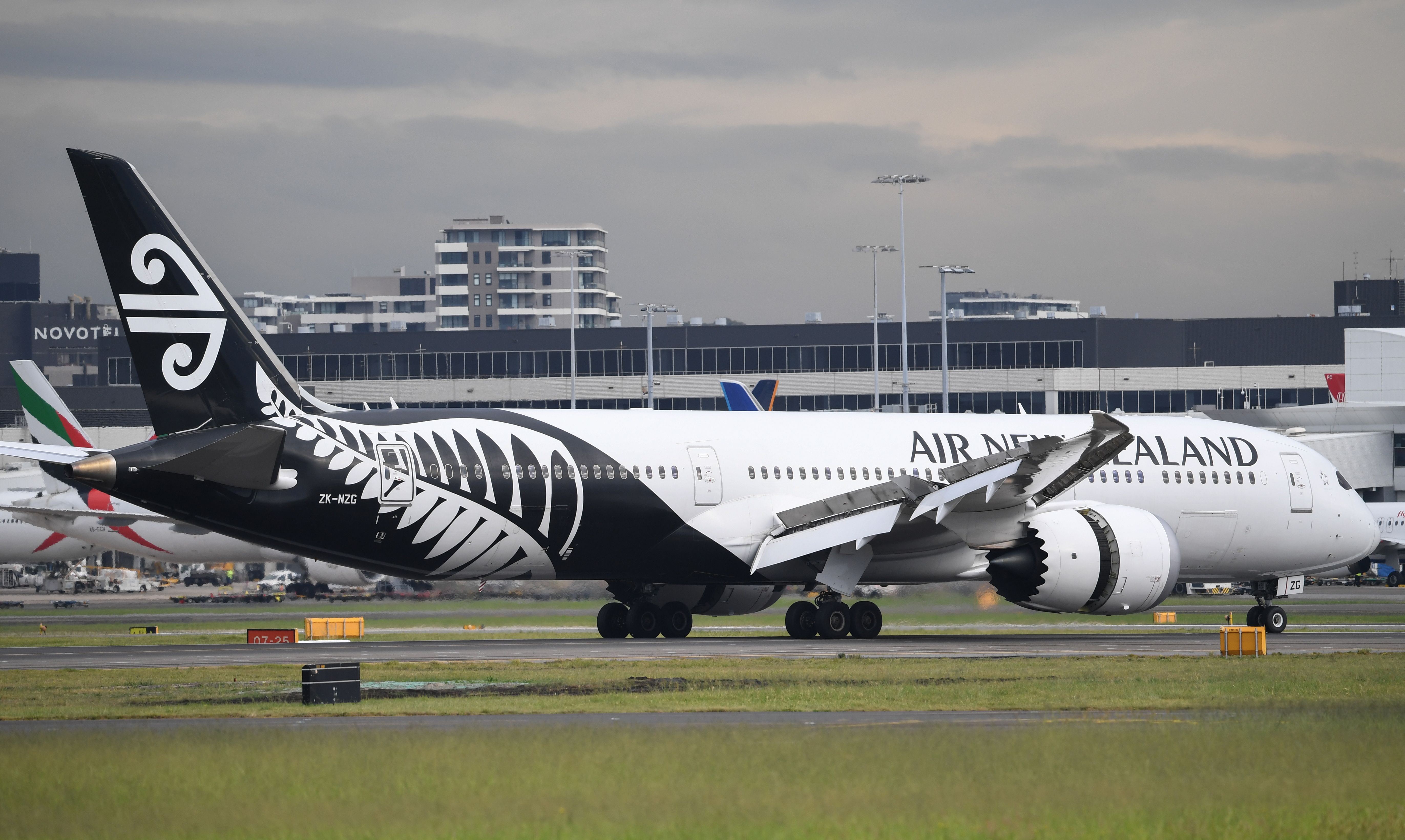 An Air New Zealand Boeing 787 jet lands at Kingsford Smith International on April 30, 2020 in Sydney, Australia.