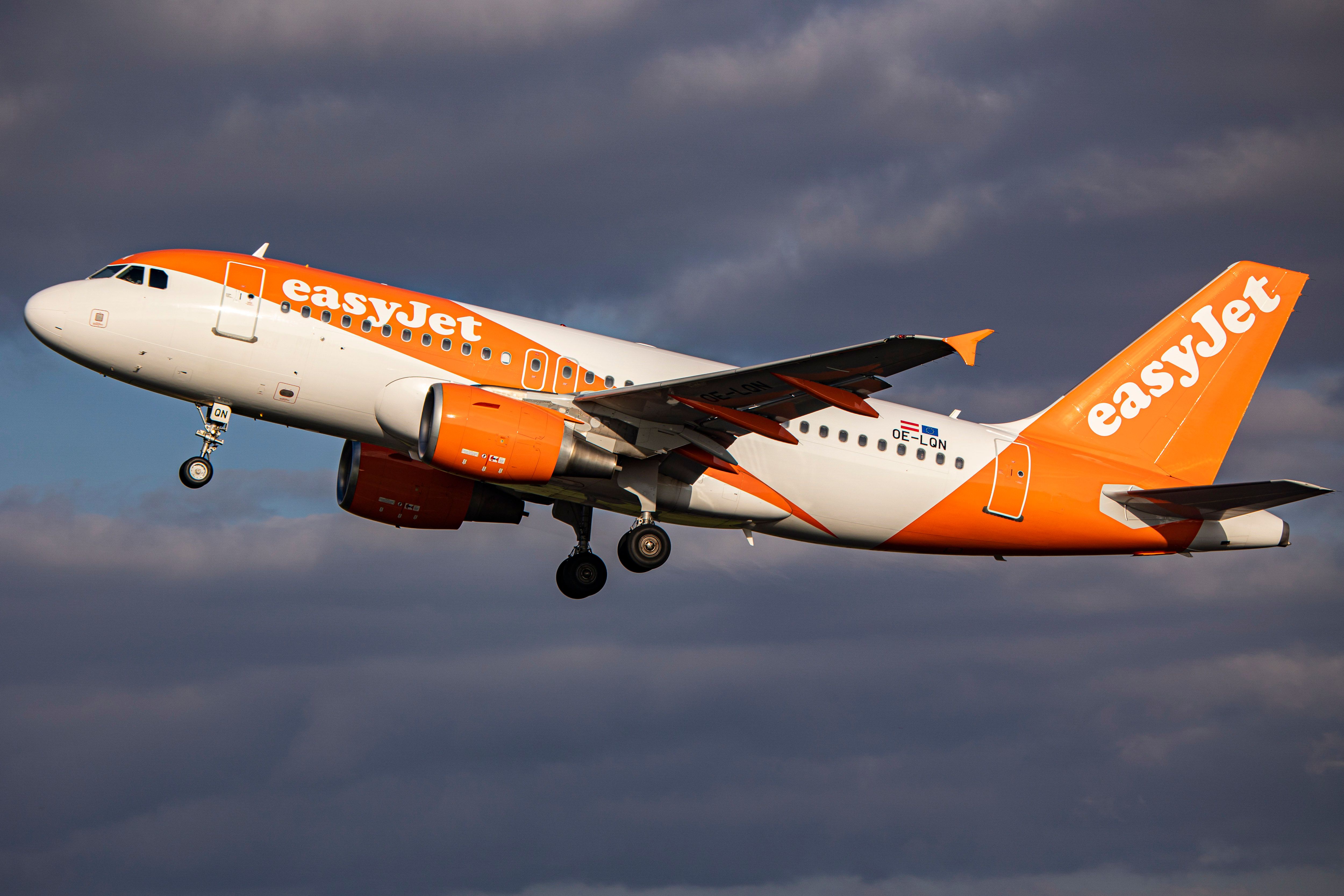 easyjet A319 taking off against cloudy sky