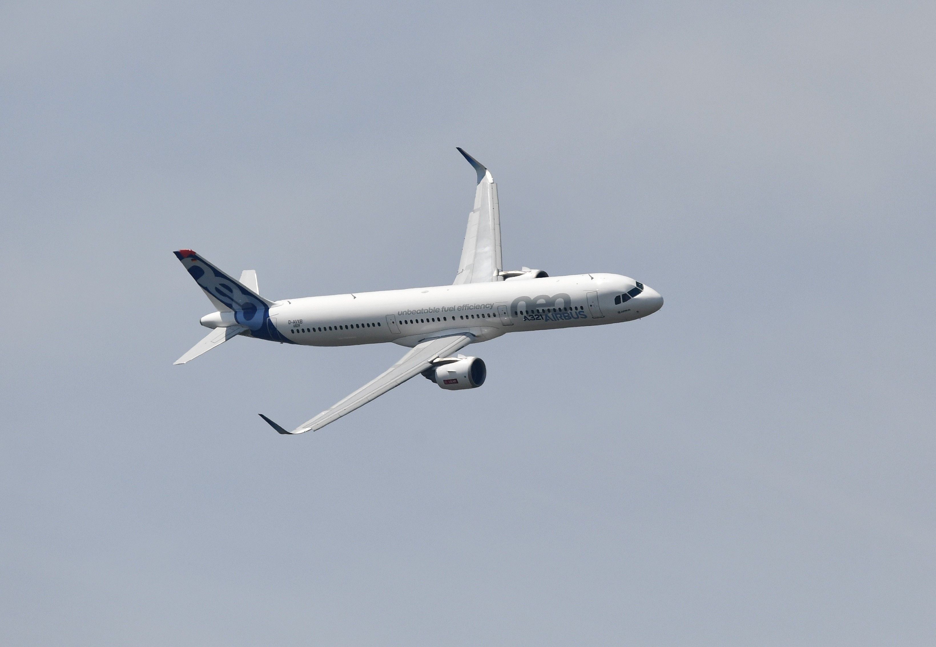  An A321neo of Airbus flies during the 52nd International Paris Air Show at the Le Bourget Airport near Paris, France on June 20, 2017.