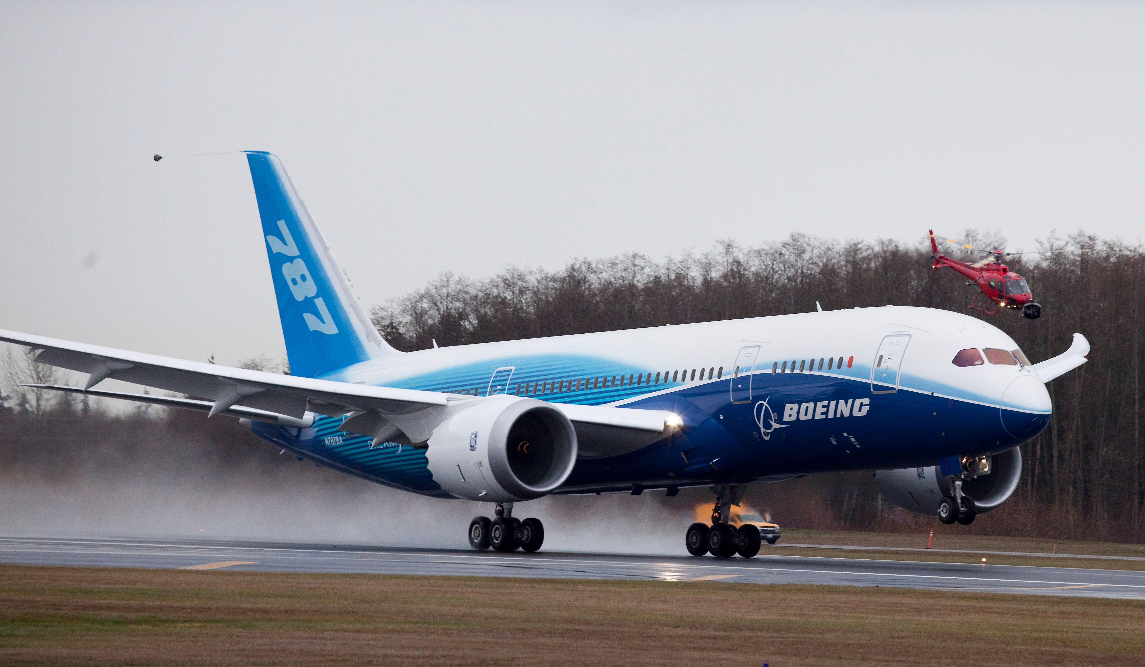 A Boeing 787 aircraft departing. 