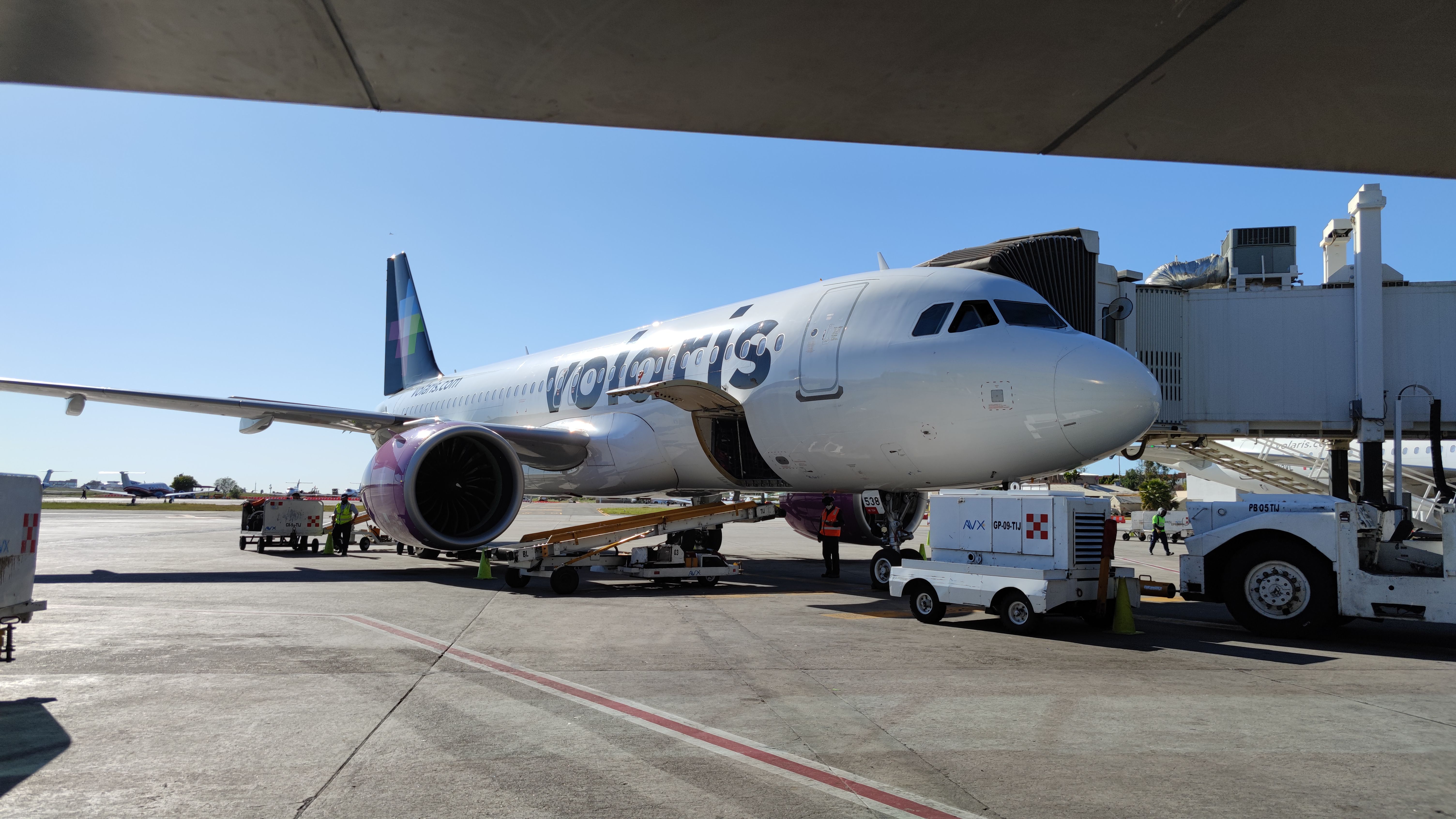 A Volaris Airbus aircraft parked at Tijuana International Airport.