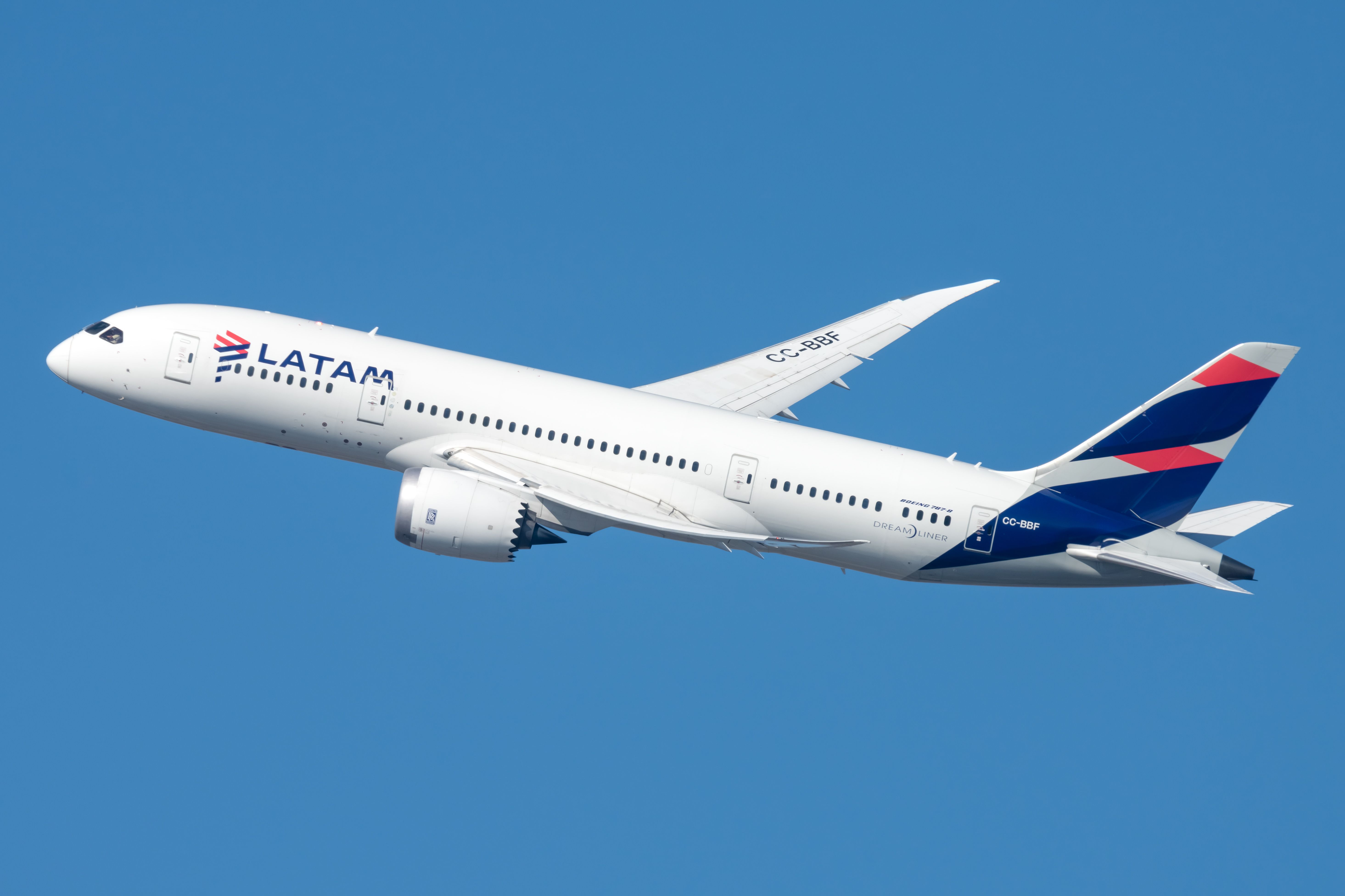 A LATAM Airlines Boeing 787-8 Dreamliner, registration CC-BBF, flying.