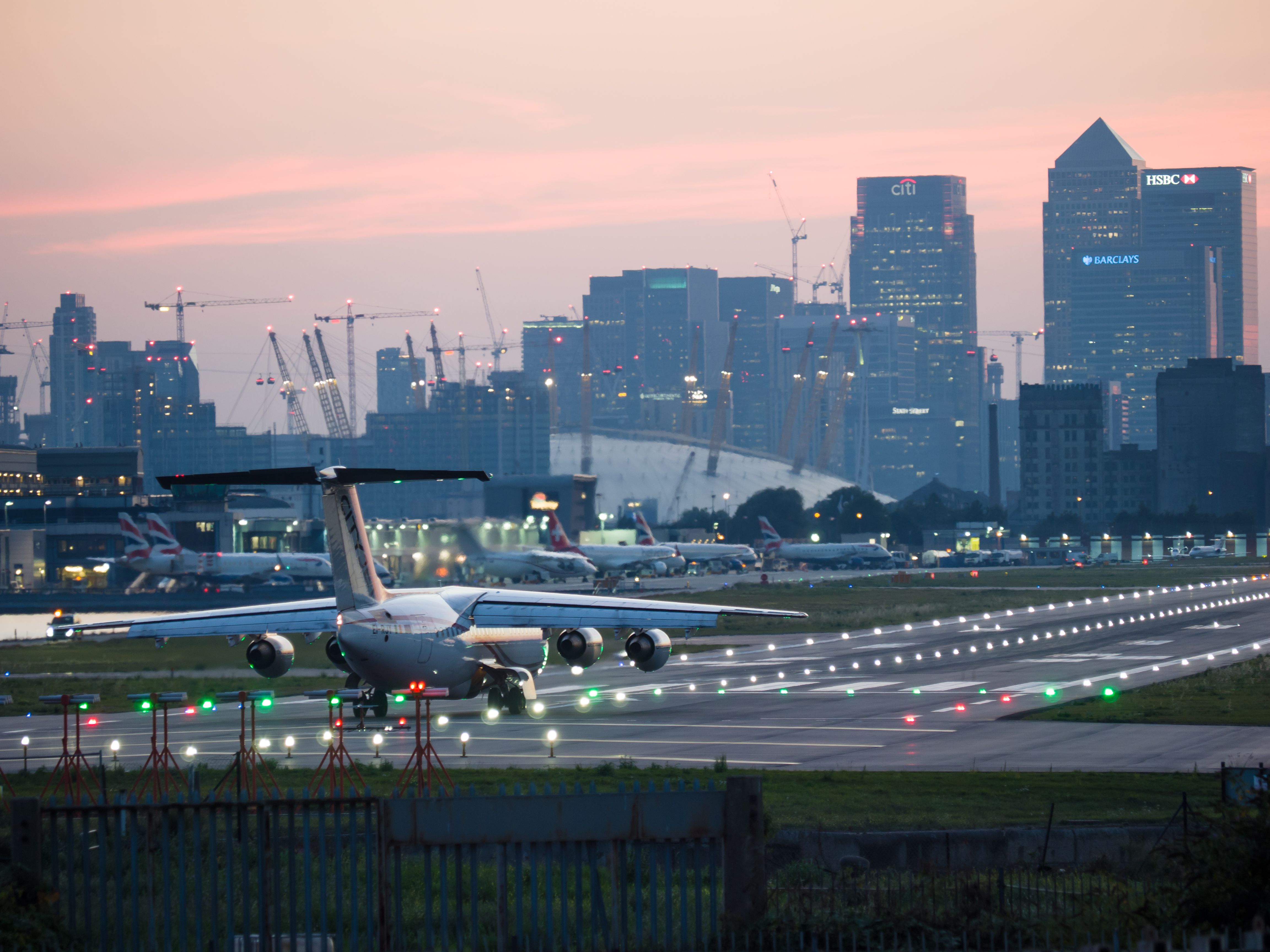 An aircraft lined up to depart London City Airport.
