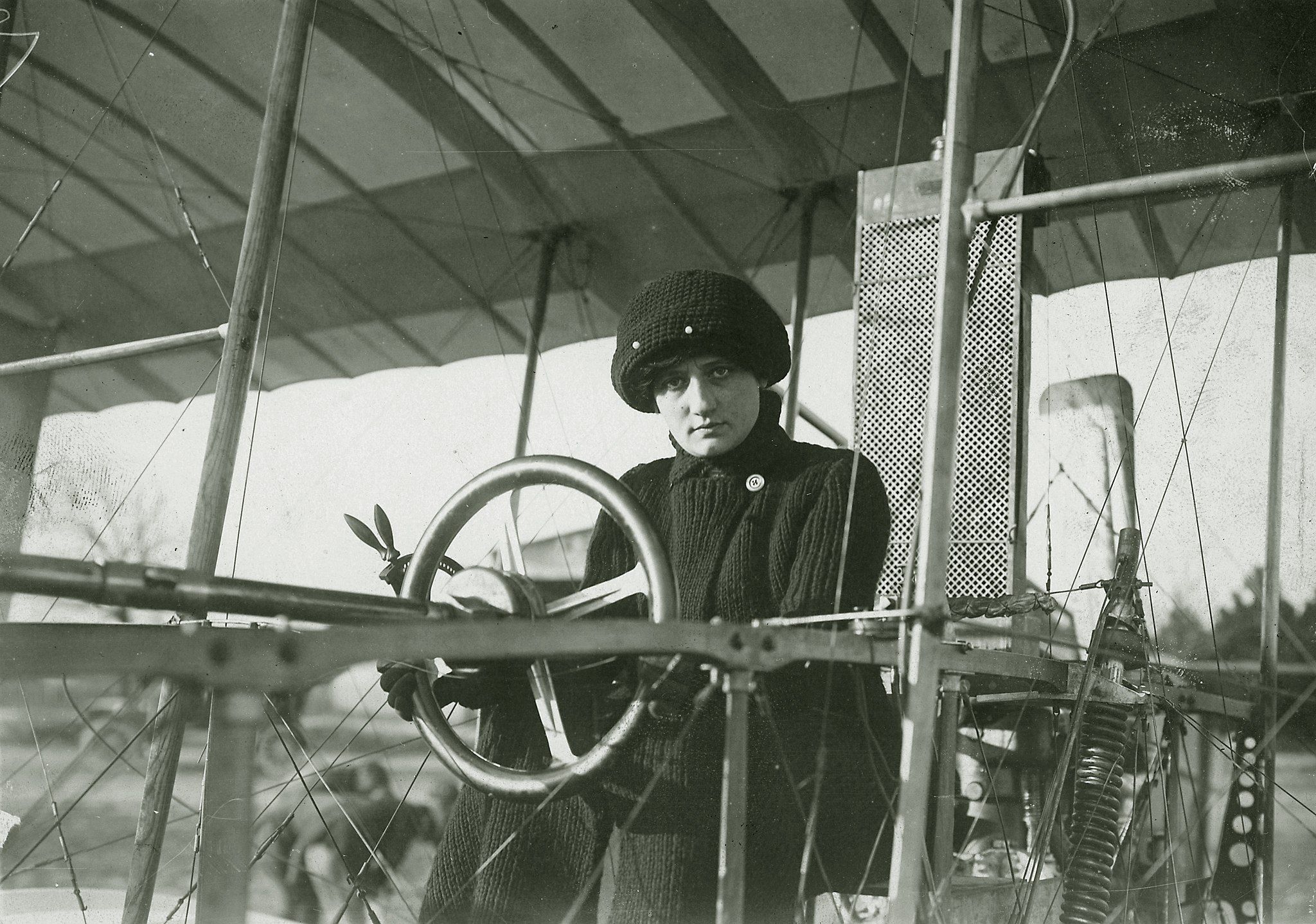 Raymonde de Laroche behind the controls of an early aircraft