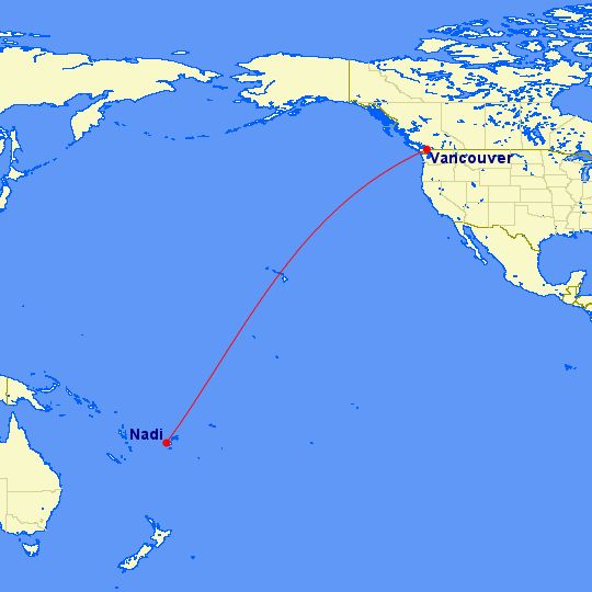 Vancouver-Nadi Fiji Airways Route Map