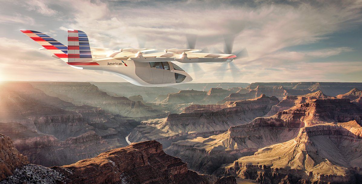 A render of an Vertical Aerospace VX4 eVTOL operated by American Airlines. 