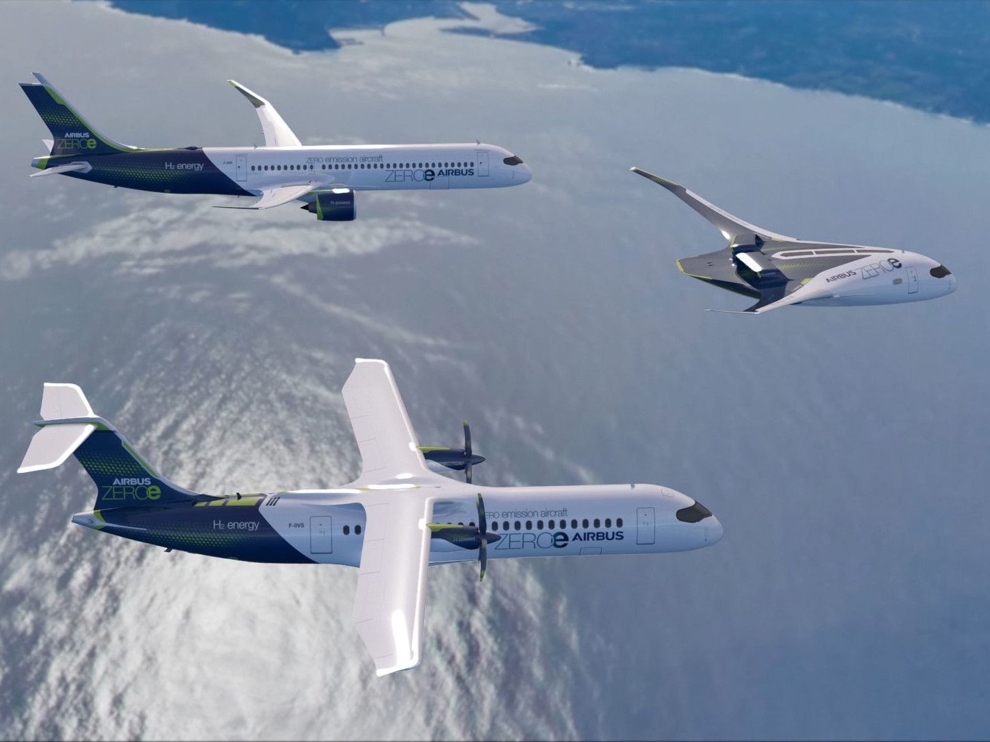 ZEROe Airbus concept aircraft formation flight rendering