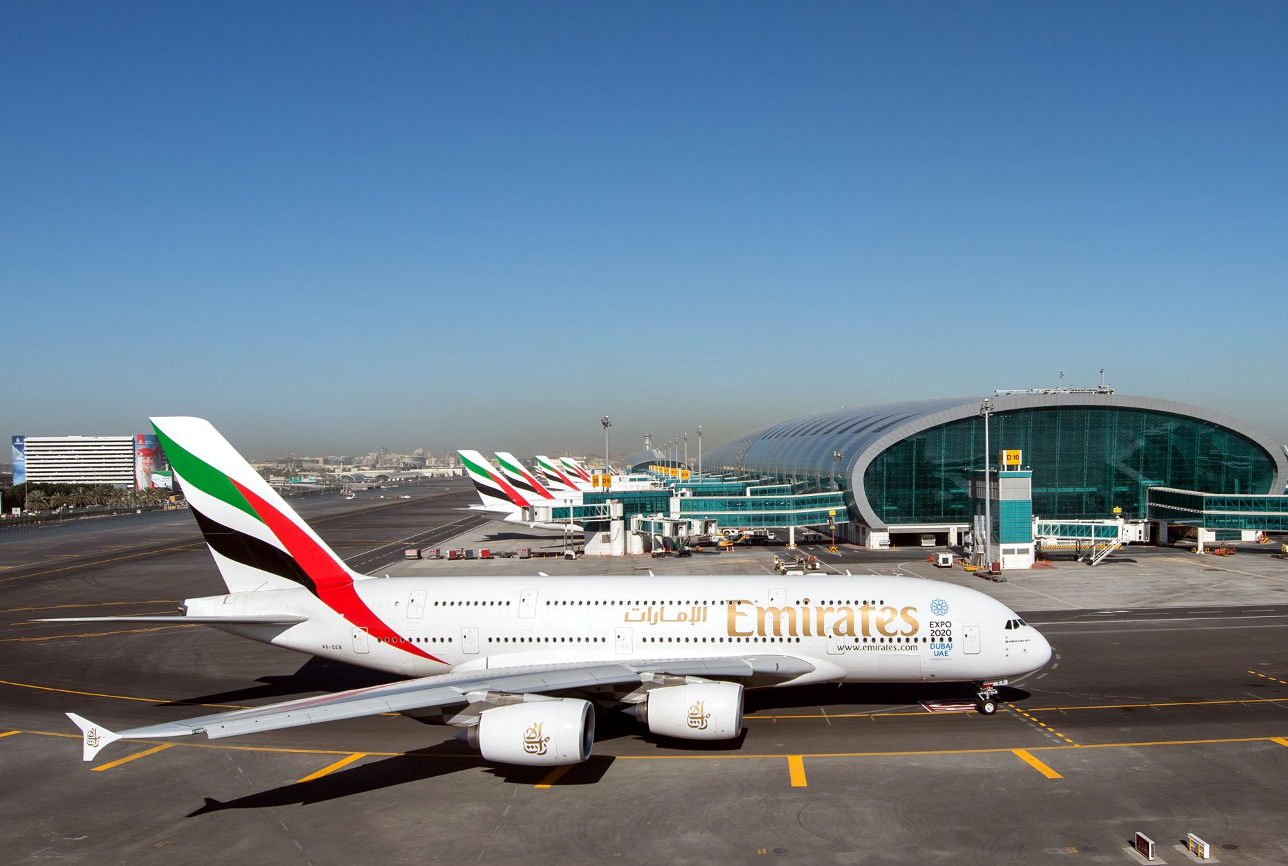 An Emirates Airbus A380 taxiing to its assigned gate