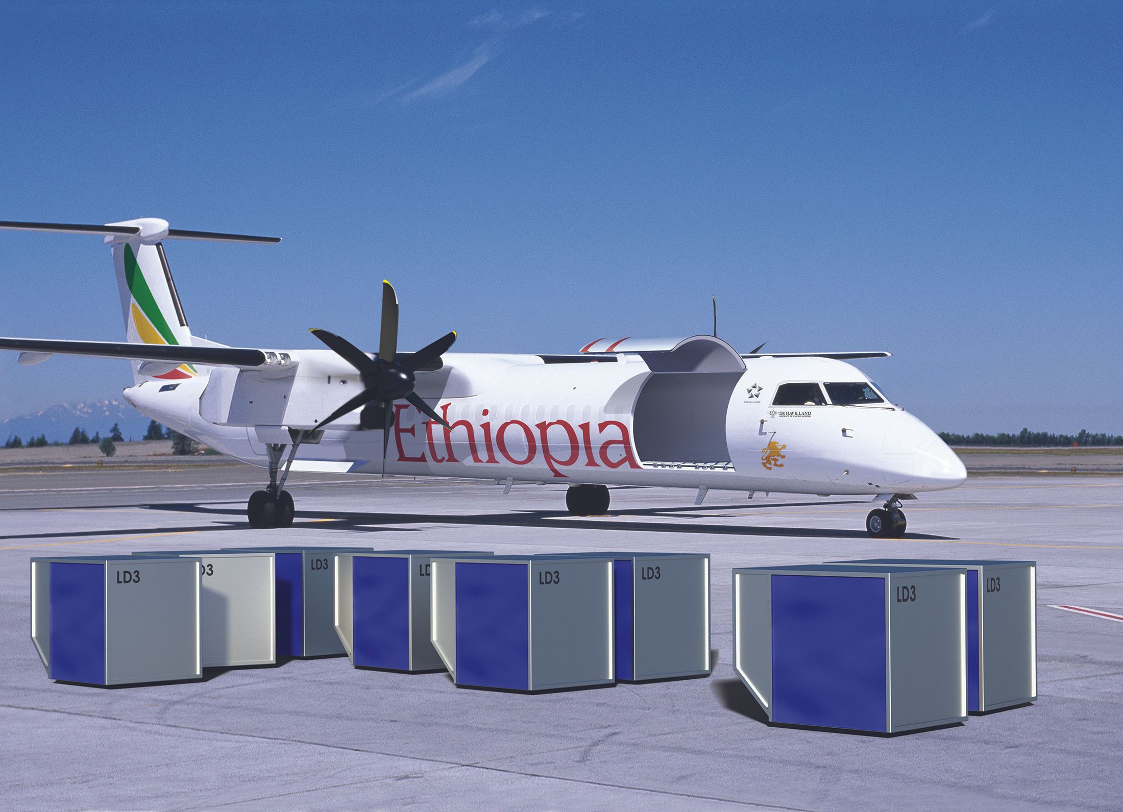 A render of an Ethiopian Airlines Dash 8 converted freighter with the Large Cargo Door open