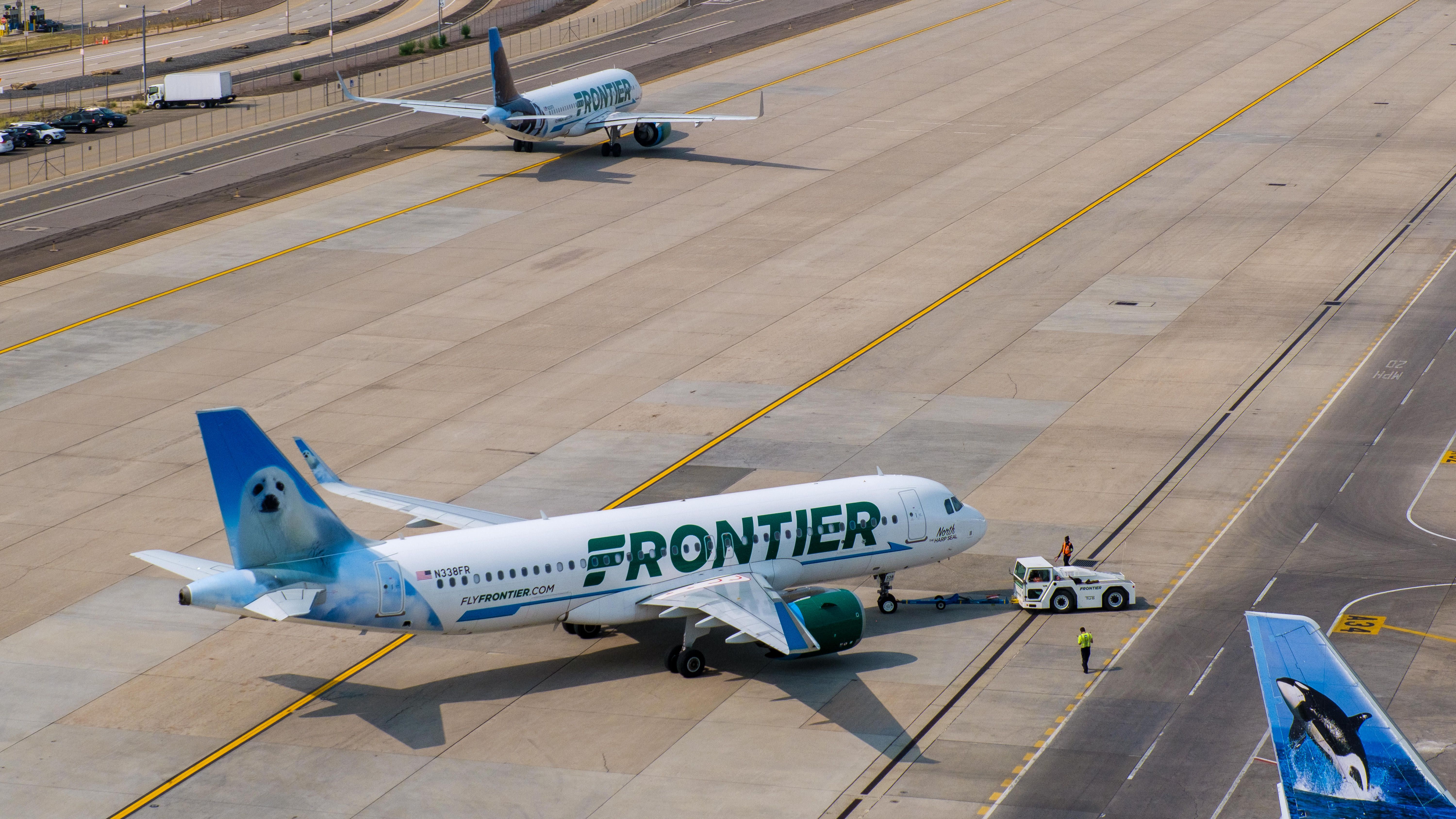 A Frontier Airlines aircraft at Denver Airport.
