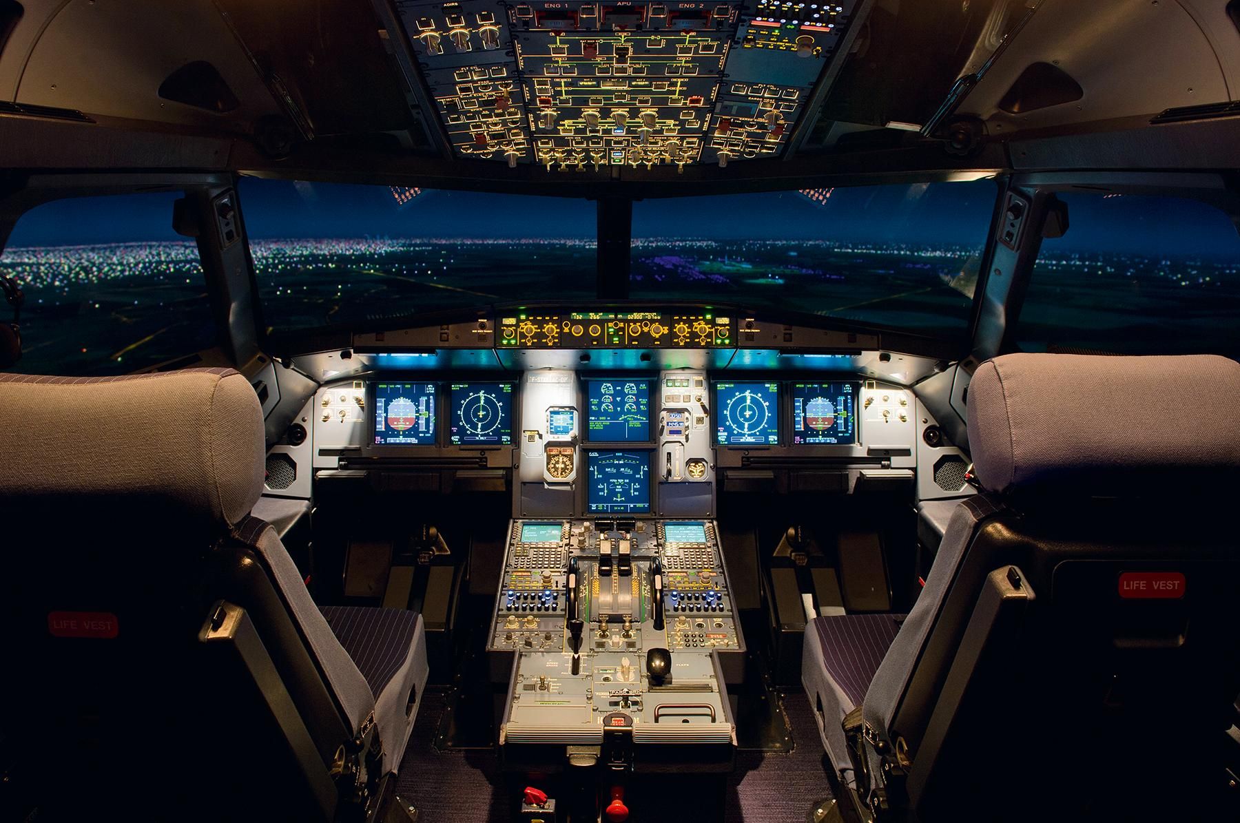 Inside an empty Airbus A320 Cockpit.