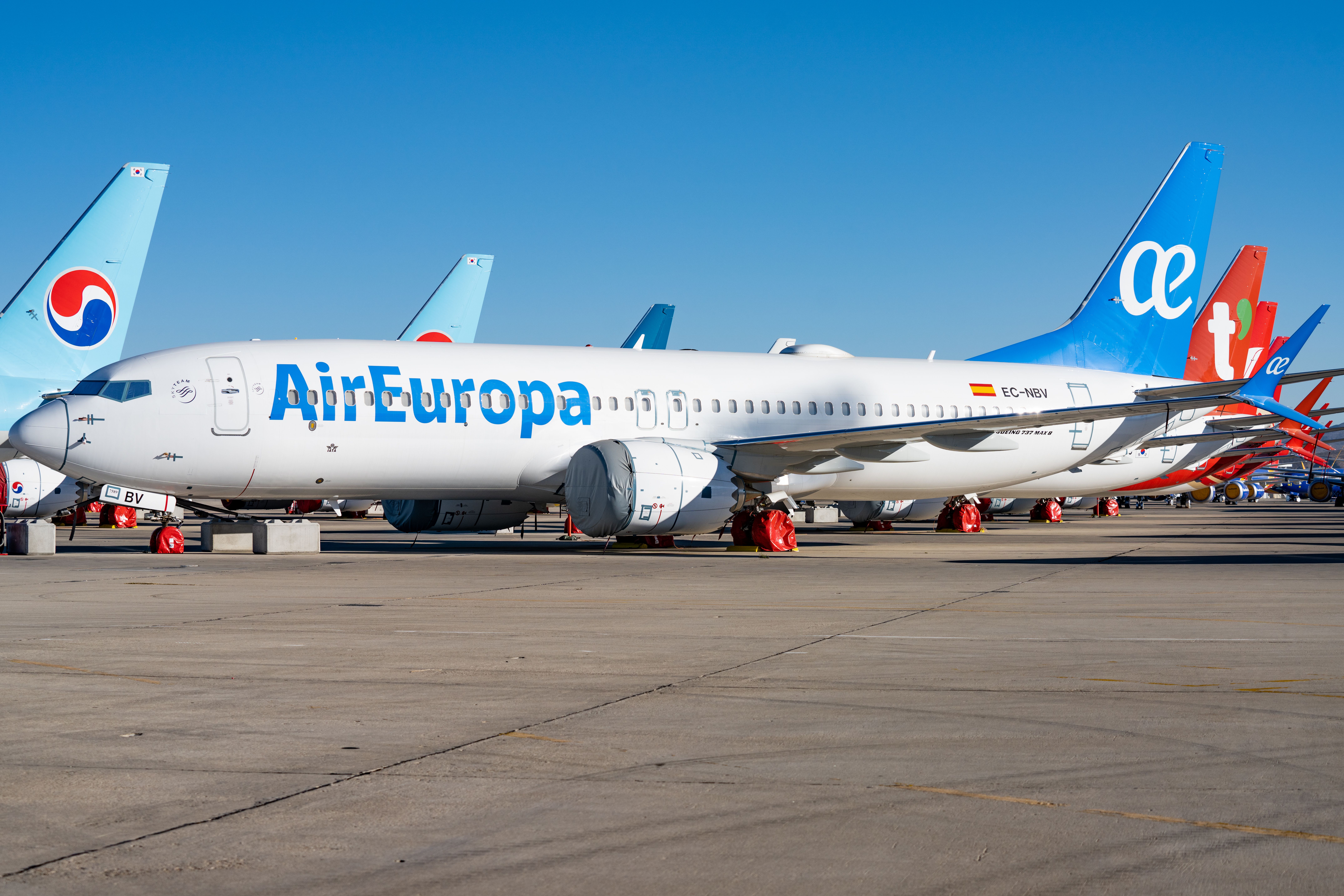 An Air Europa Boeing 737 MAX 8, registration EC-NBV, parked in Victorville.