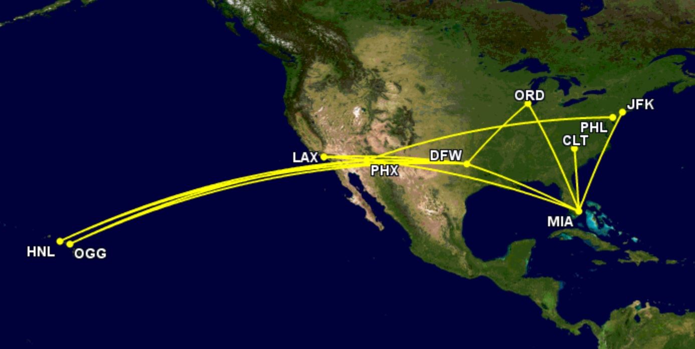 American Airlines' domestic widebody routes Nov-Dec 2022