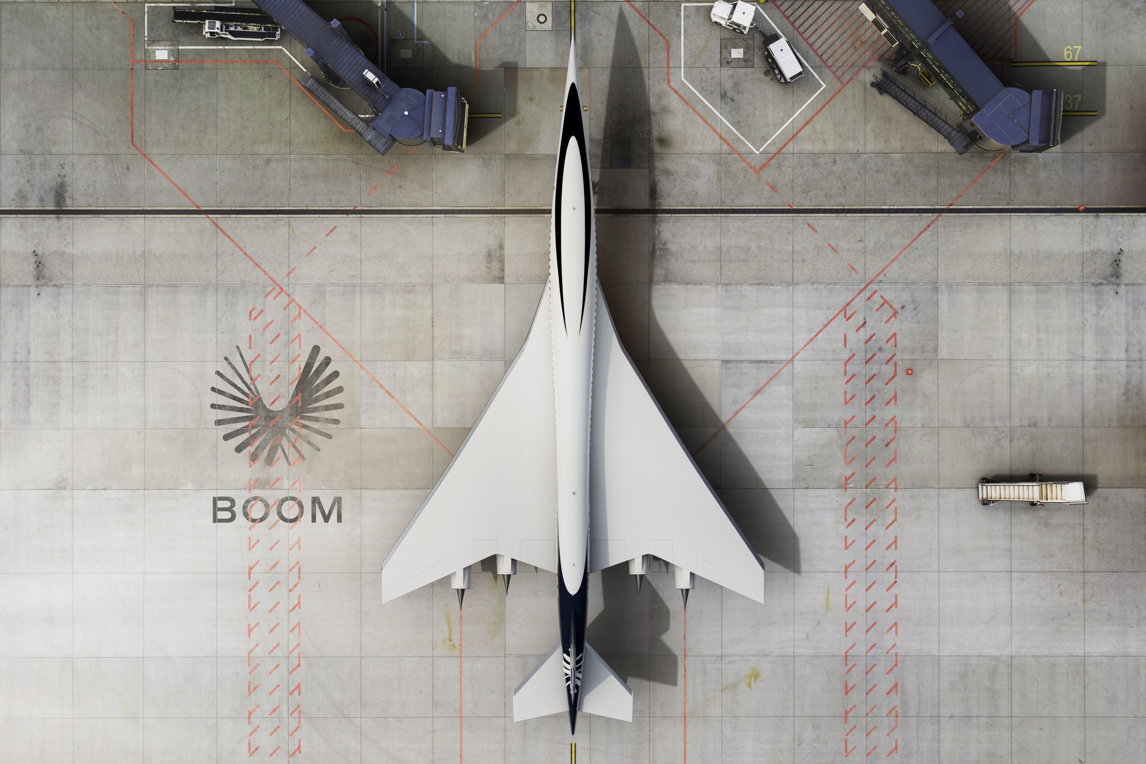 A render of a Boom Supersonic Overture parked at an airport gate.