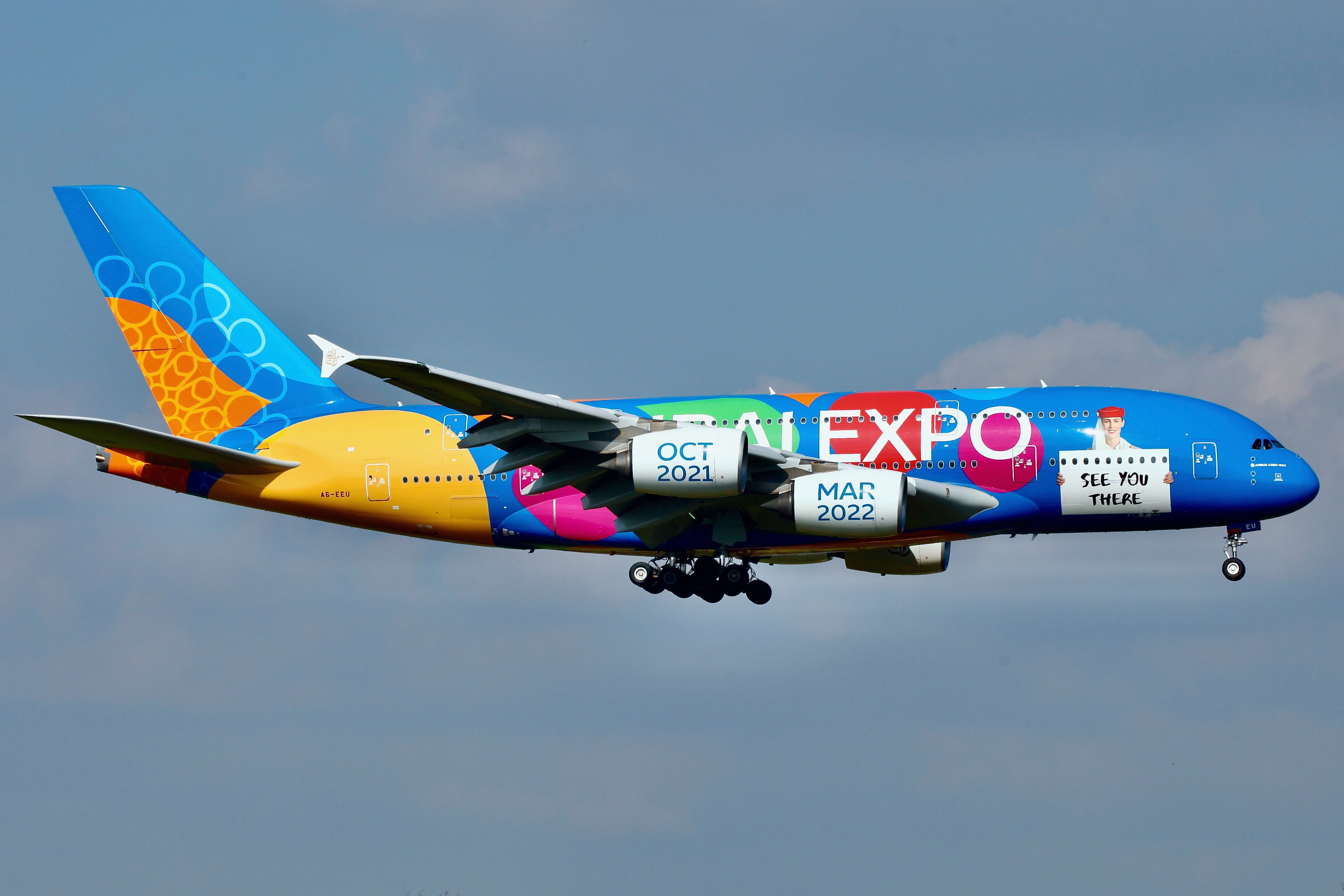 An Emirates A380 painted in a very colorful livery.
