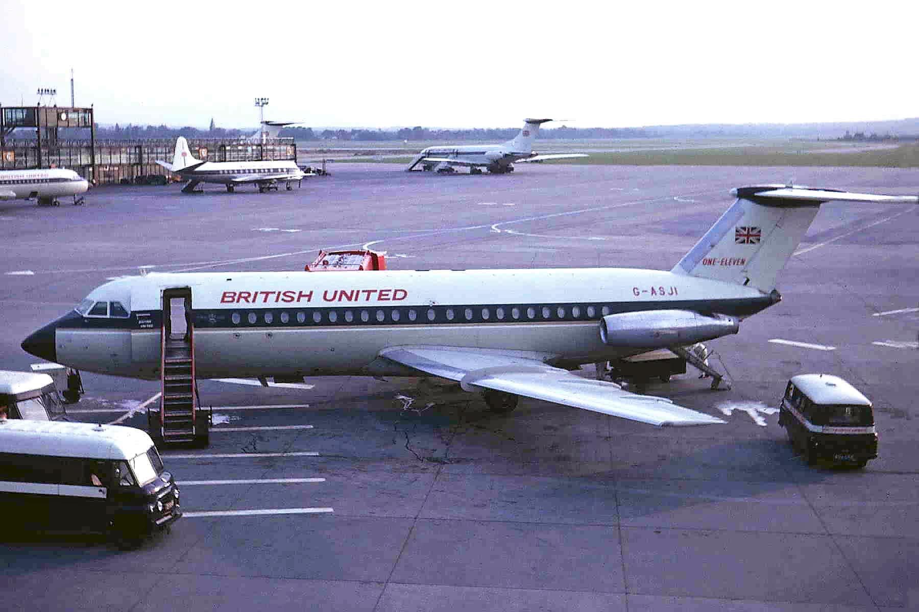 A British United BAC One-Eleven on an airport apron.