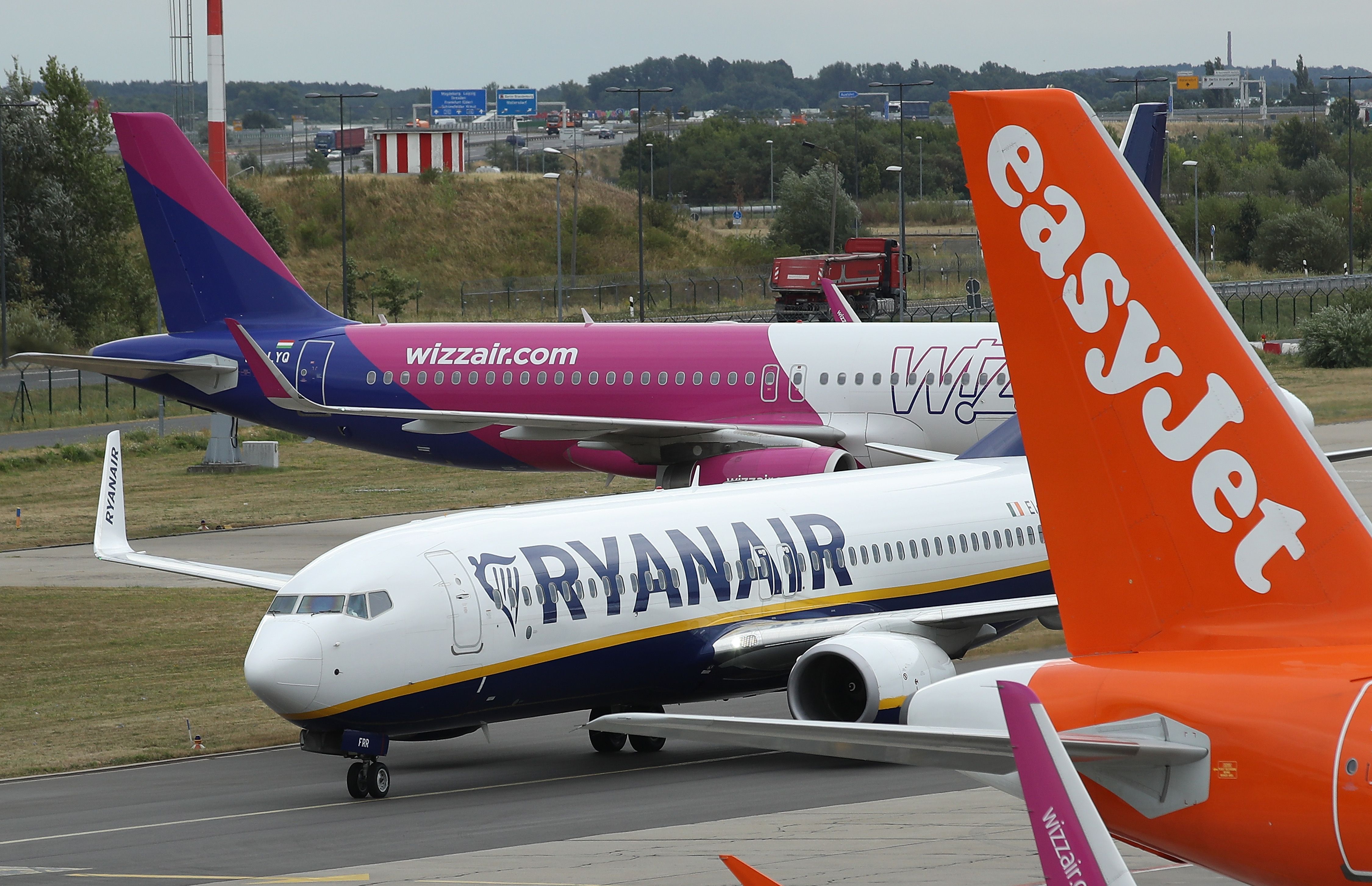 Ryanair WIzz and easyjet aircraft together on the apron