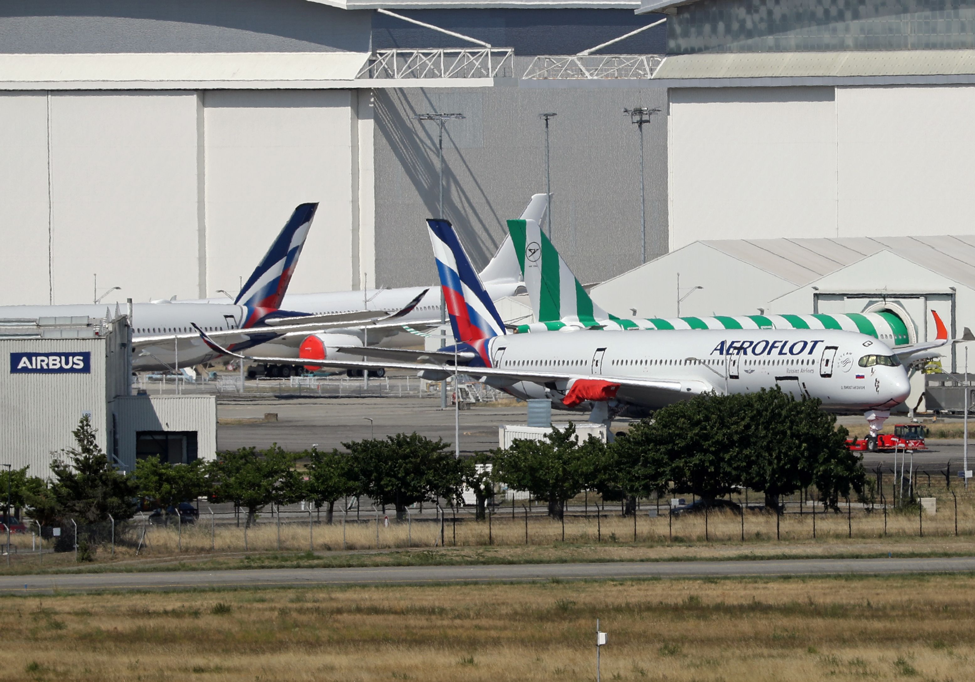 Aeroflot A350 aircraft parked by hangar in Toulouse 